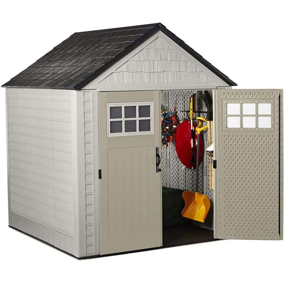 ZenVora 7 x 7-Ft. Resin Outdoor Garden Storage Shed with Windows and Utility Hooks, Sand