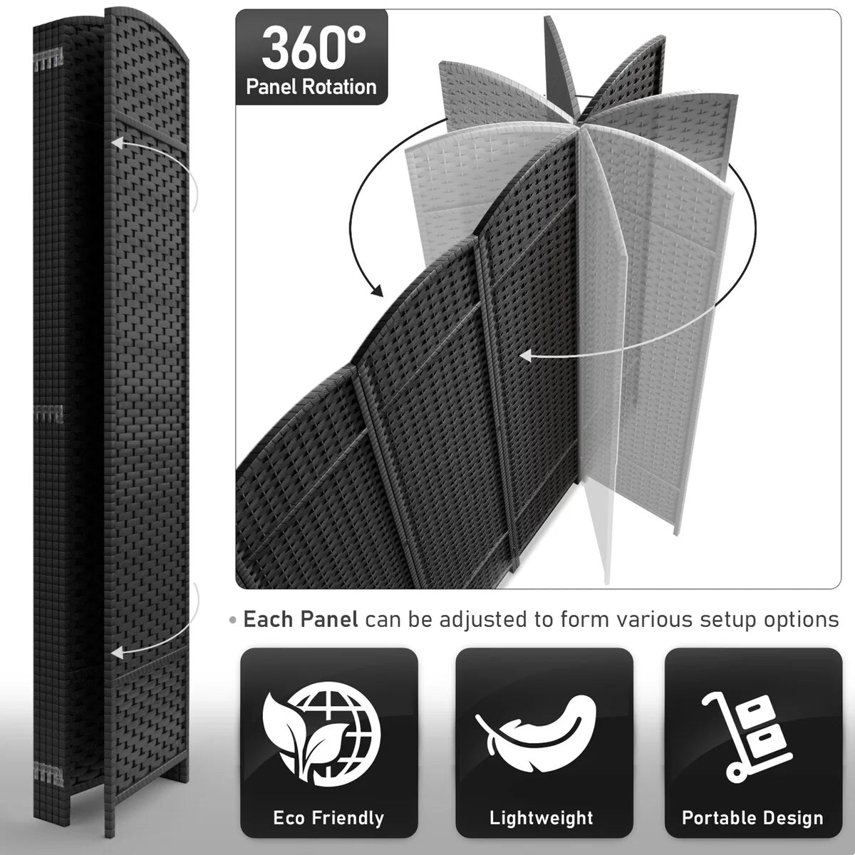 ZenVora 6 Panel Room Divider, 6ft Tall Extra Wide Folding Privacy Screen with Hand-Woven Mesh Panels