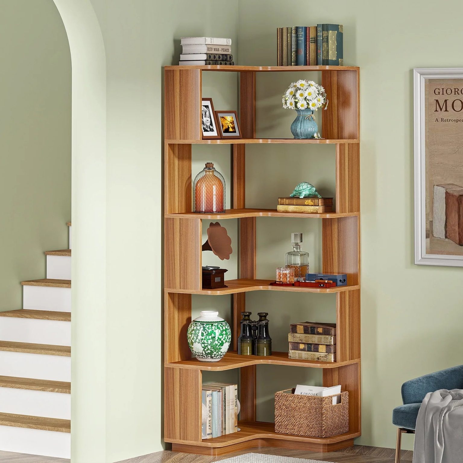 ZenVora 64.9 Inch Tall 6-Tier Corner Bookshelf, Freestanding Wood Industrial Bookcase