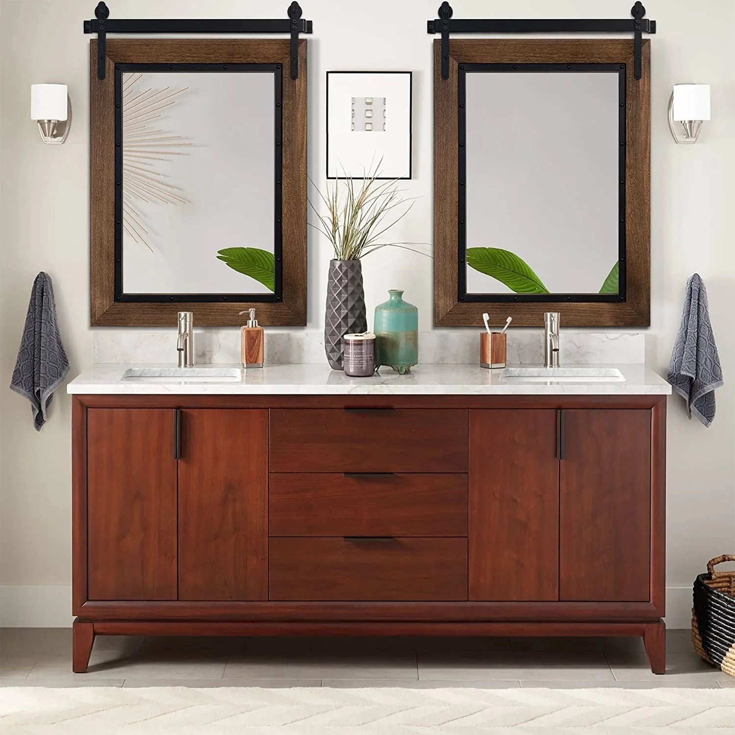 ZenVora Farmhouse Barn Door Style Bathroom Vanity Mirror, Natural Wood Wall Mirror for Bathroom, Bedroom and Entryway