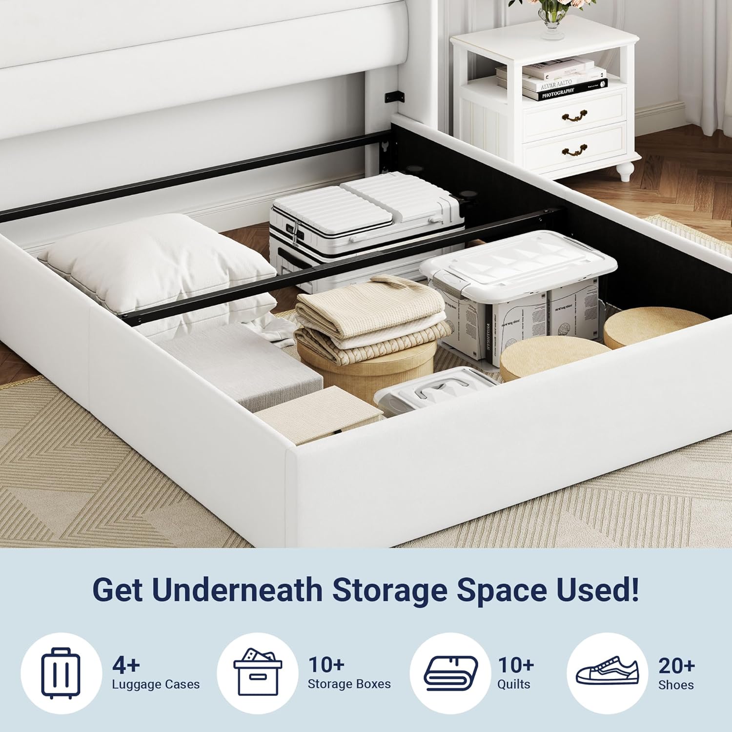 ZenVora Queen Size Lift Up Storage Bed with Wingback Headboard, Upholstered Platform Bed Frame with Hidden Storage