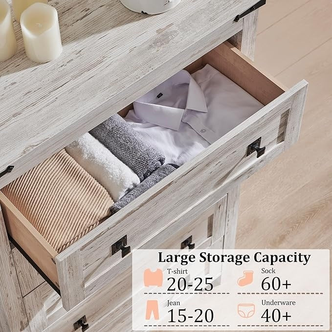 ZenVora 48 Inch Tall Farmhouse Wood Dresser, 5 Drawer Chest of Drawers for Bedroom