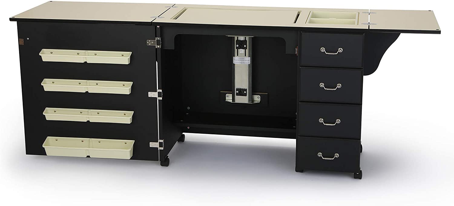 ZenVora Sturdy Sewing Cabinet for Sewing, Cutting, Quilting and Crafting with Storage and Airlift, Black Finish