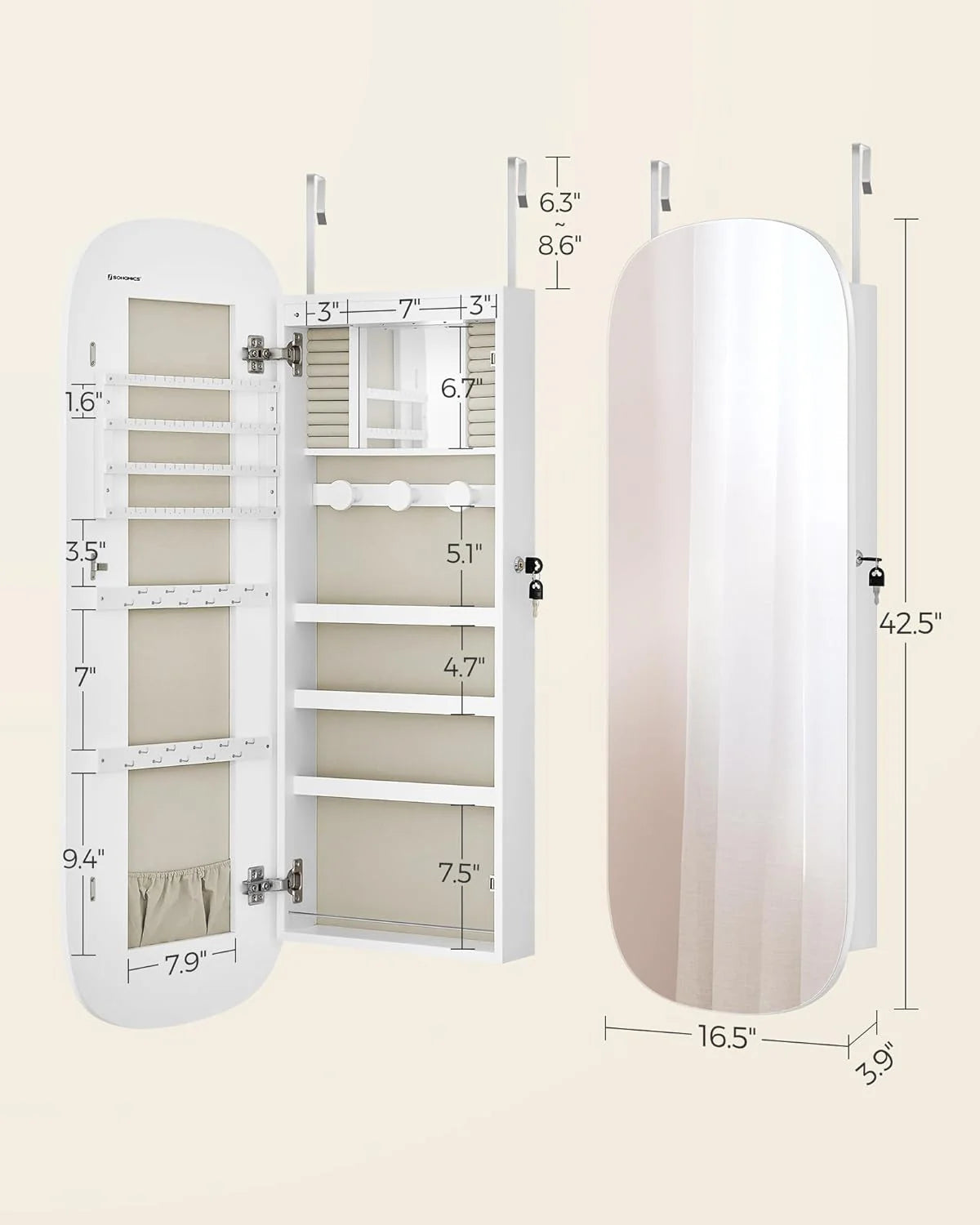ZenVora LED Jewelry Organizer Cabinet, Wall or Door Mounted Jewelry Storage Mirror with LED Lights