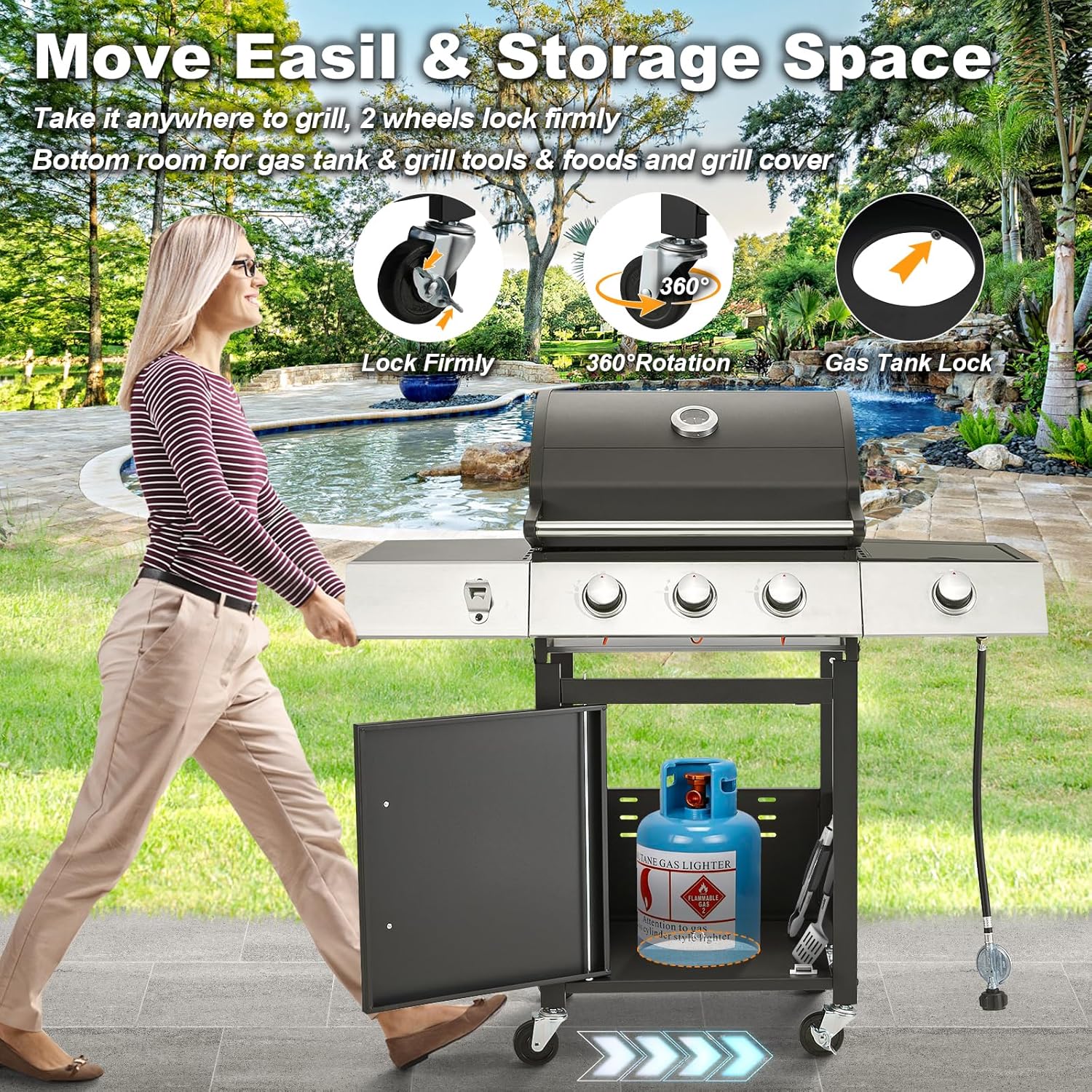 ZenVora 4-Burner Propane Gas Grill with Cast Iron Grates, Side Stove and 44,000 BTU Stainless Steel Burners