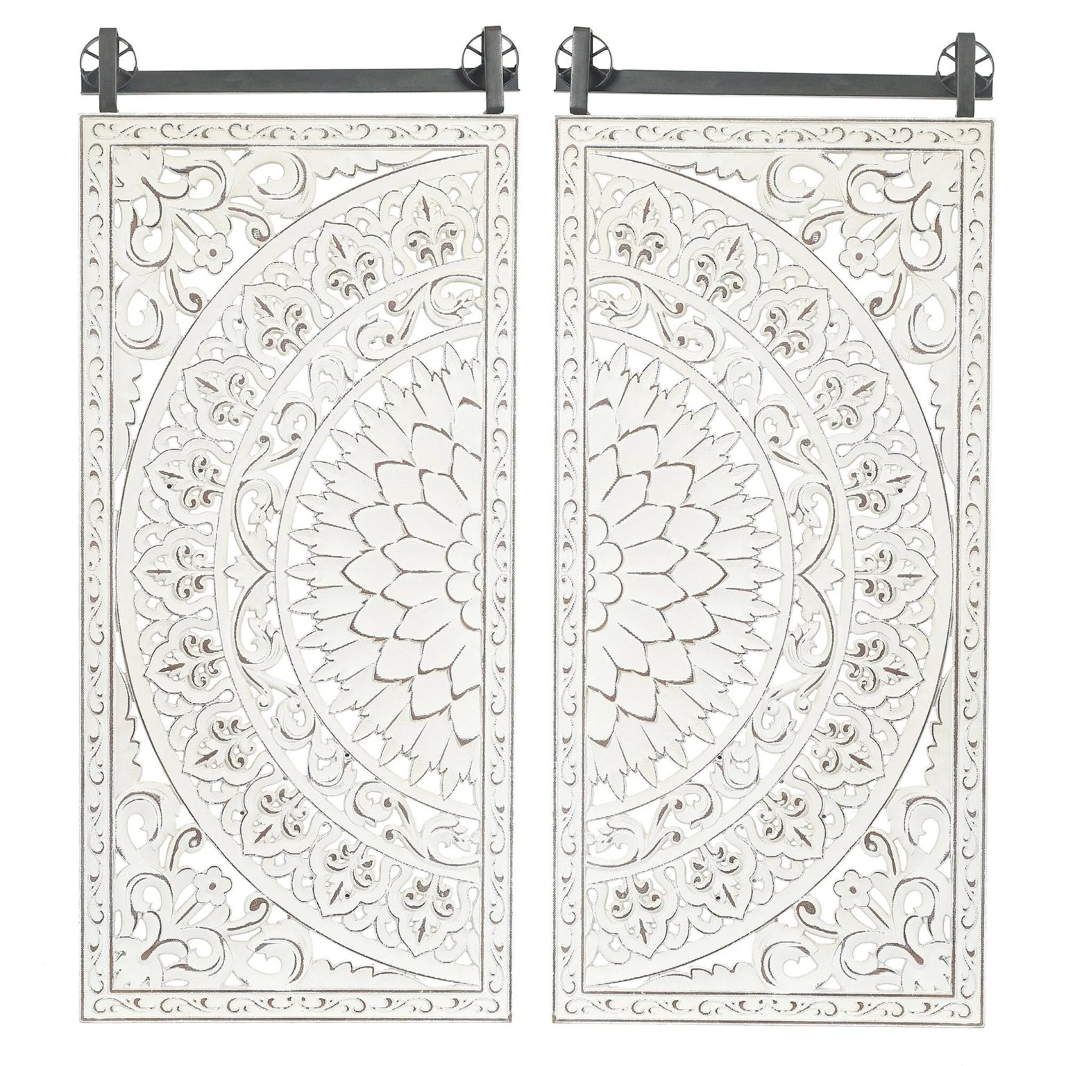 Set of 2 Distressed Ivory White Wood Flower Wall Art with Black Accents