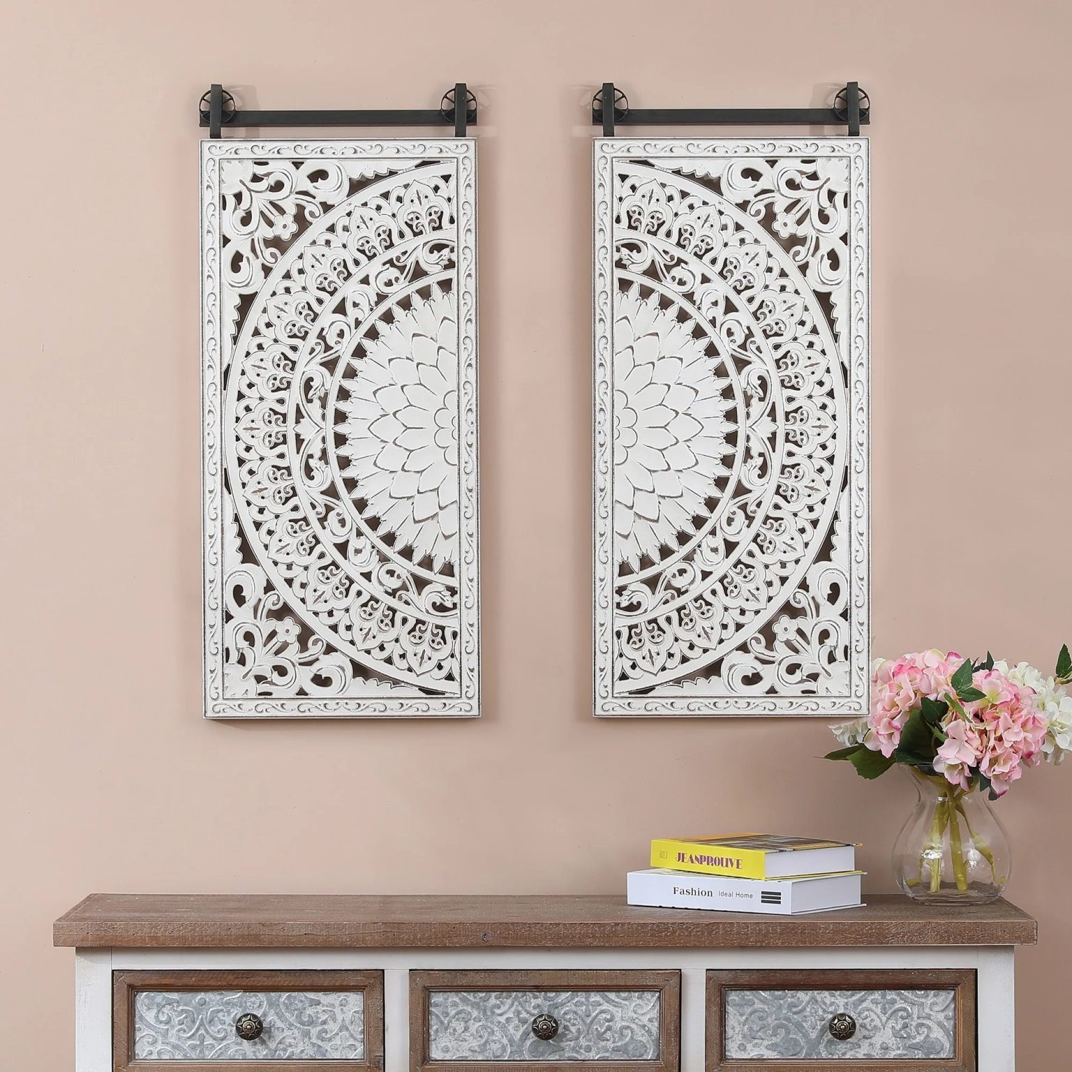 ZenVora Set of 2 Distressed Ivory White Wood Flower Wall Art with Black Accents