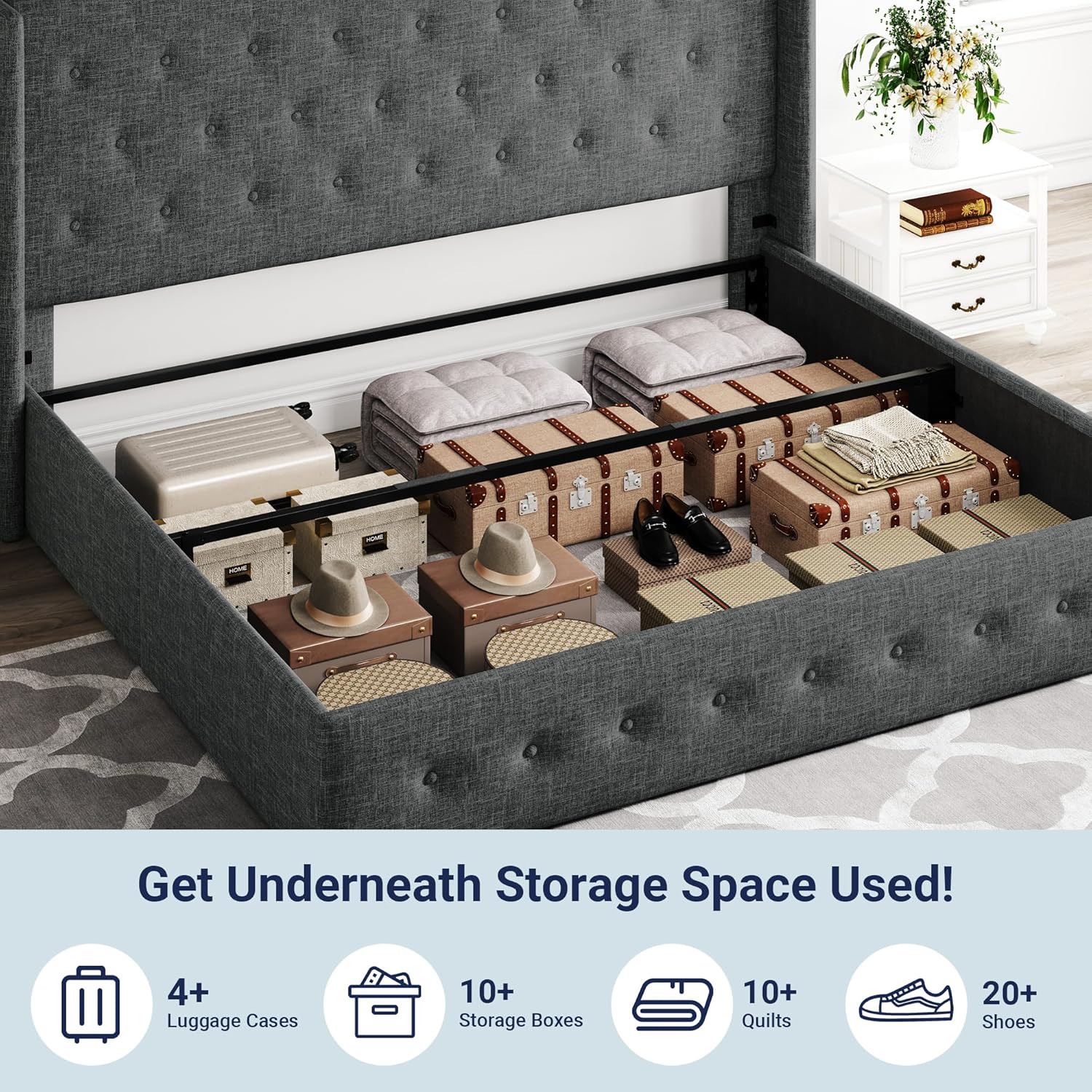 ZenVora Queen Size Lift Up Storage Bed with Wingback Headboard, Upholstered Platform Bed Frame with Hidden Storage