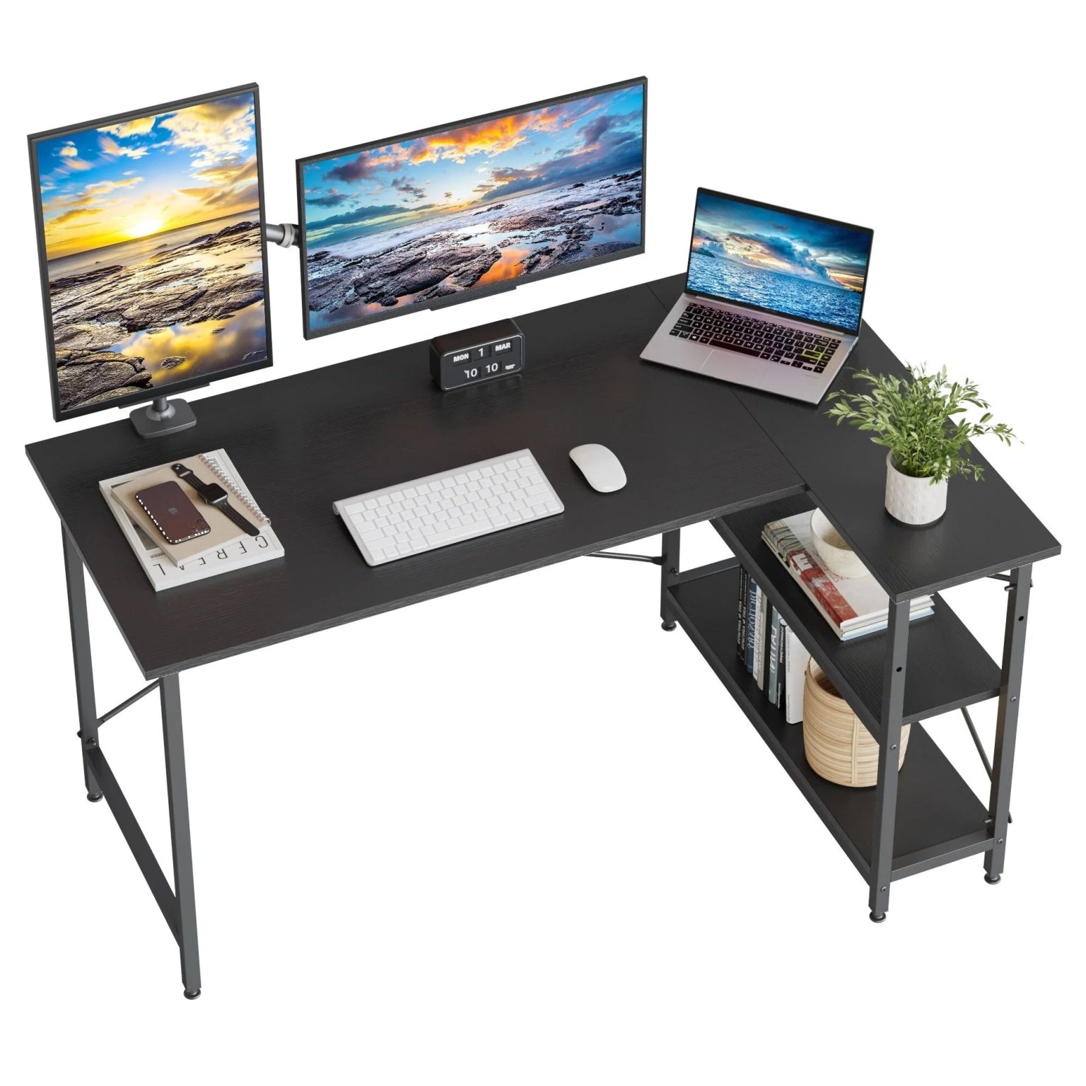 ZenVora Small L Shaped Computer Desk with Storage Shelves, Compact Corner Workstation for Home Office and Study