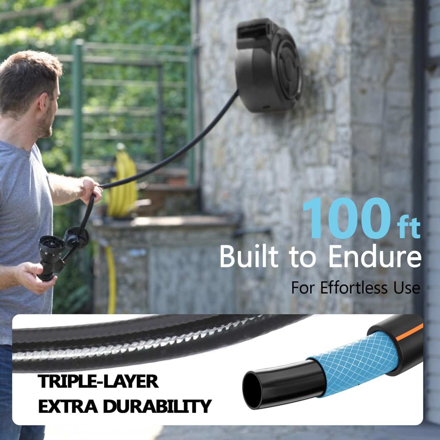 ZenVora 100 ft Wall Mounted Garden Hose Reel, 1/2 Inch Hose with 180° Swivel