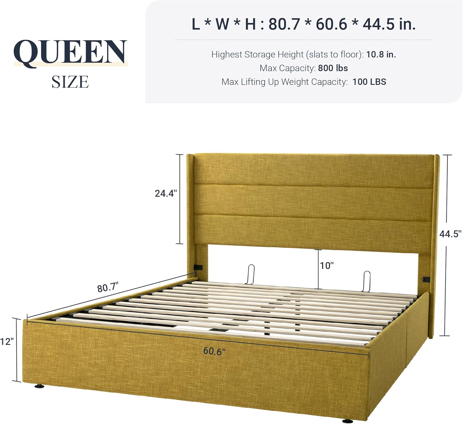 ZenVora Queen Size Lift Up Storage Bed with Wingback Headboard, Upholstered Platform Bed Frame with Hidden Storage