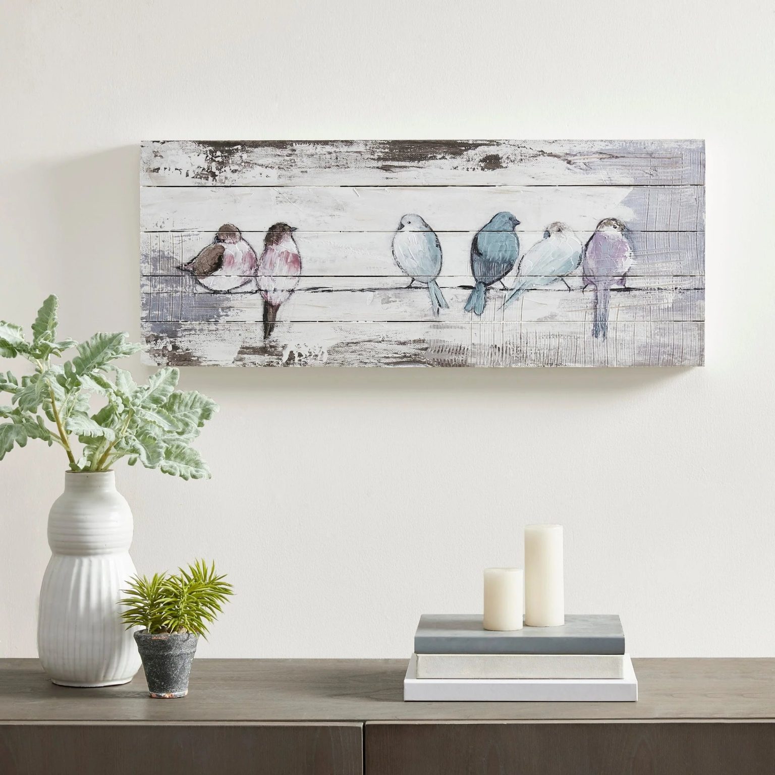 ZenVora Hand Painted Perched Birds Wood Plank Wall Decor, White and Grey Decorative Wall Art