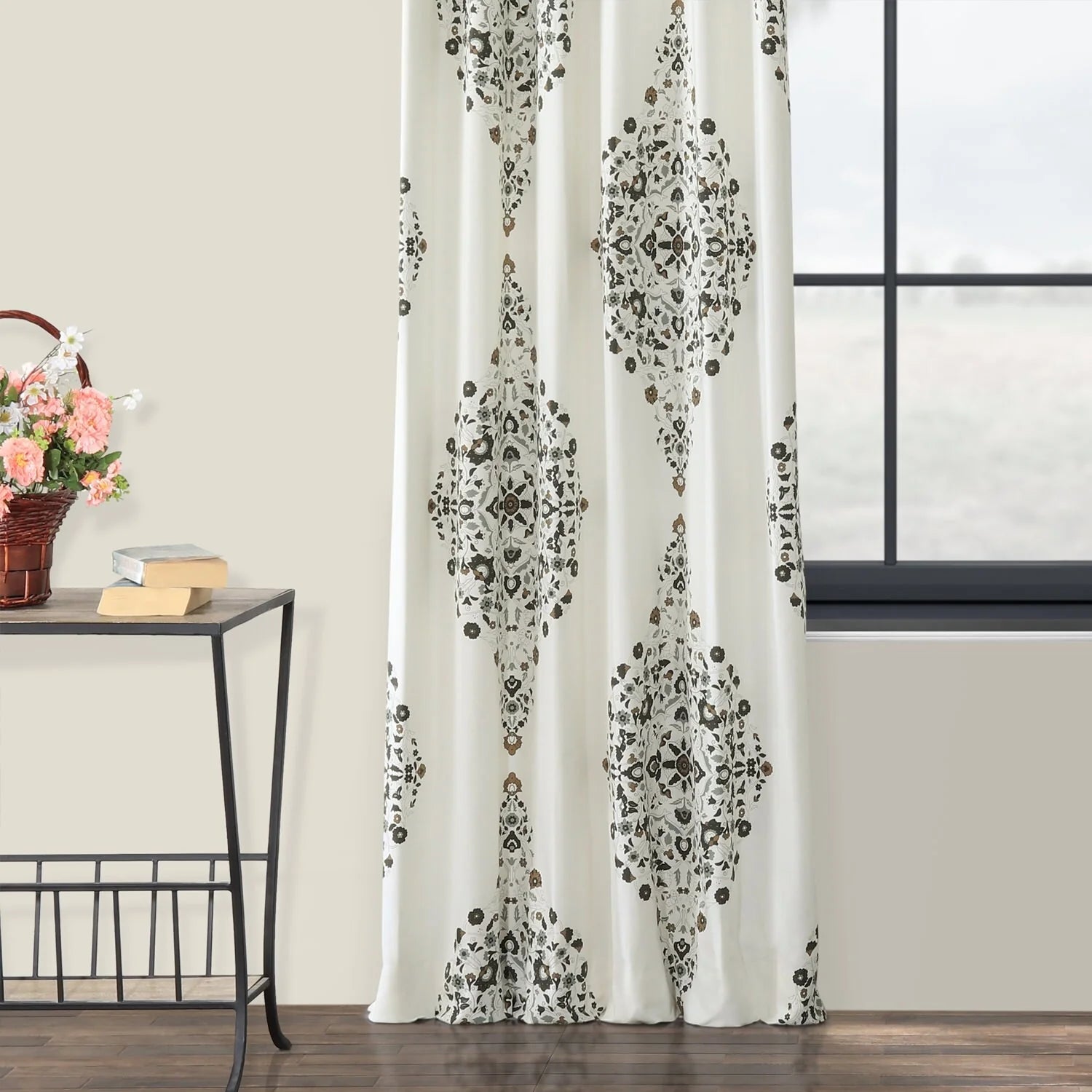 Medallion Damask Printed Cotton Room Darkening Curtain Panel, 1 Piece