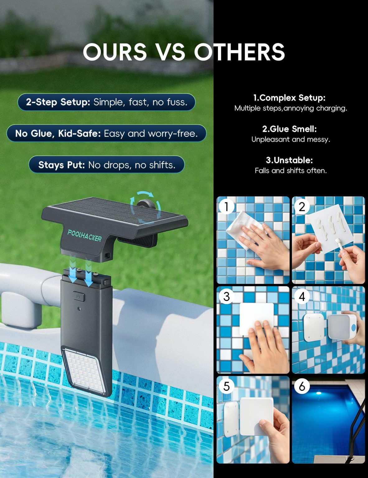 ZenVora Solar Pool Lights for Steel Wall Above Ground Pools, Solar Powered LED Swimming Pool Lighting