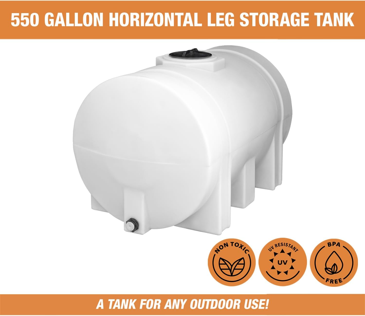 ZenVora 550-Gallon Horizontal Polyethylene Water Tank with Legs for Water and Non-Flammable Liquids