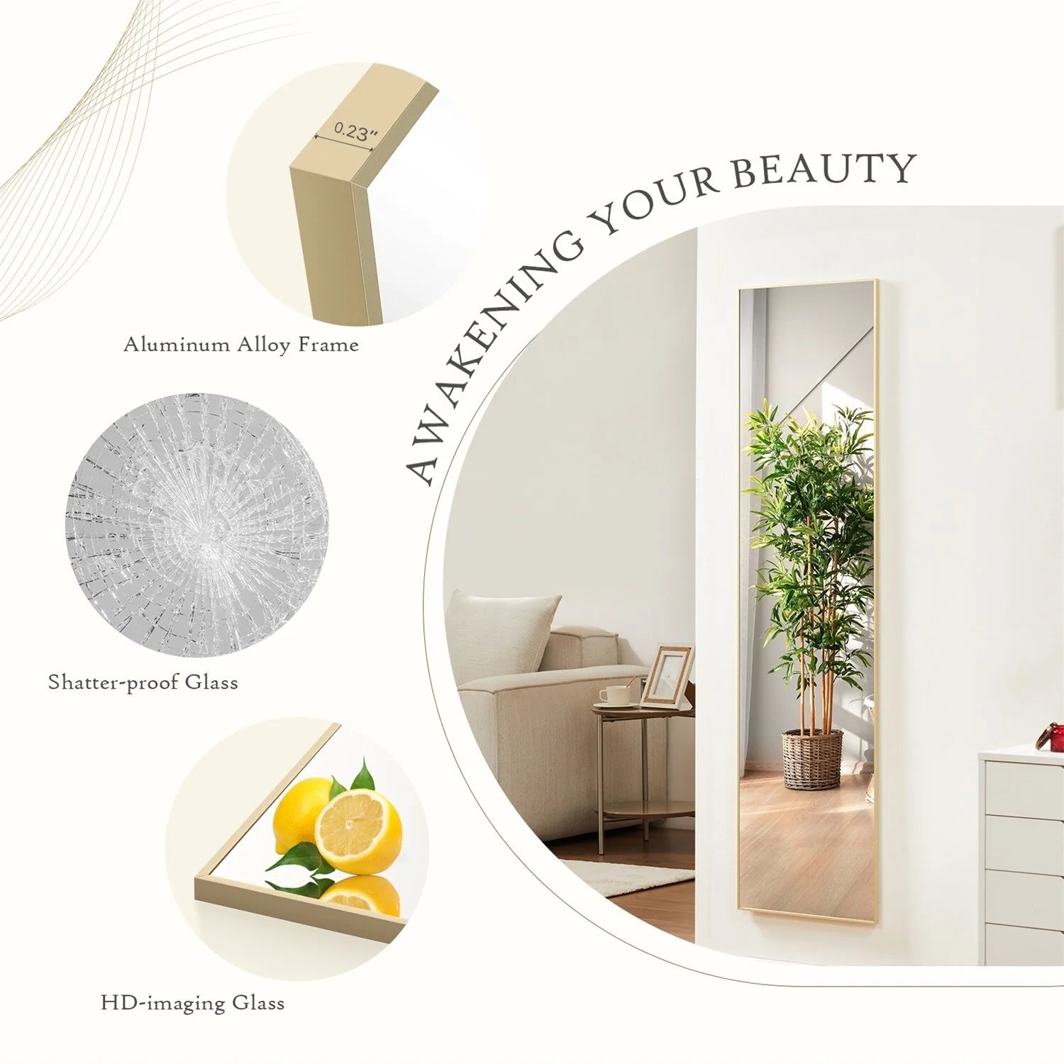 ZenVora Full Length Mirror with Stand, Aluminum Alloy Frame Full Body Floor Mirror for Bedroom and Cloakroom