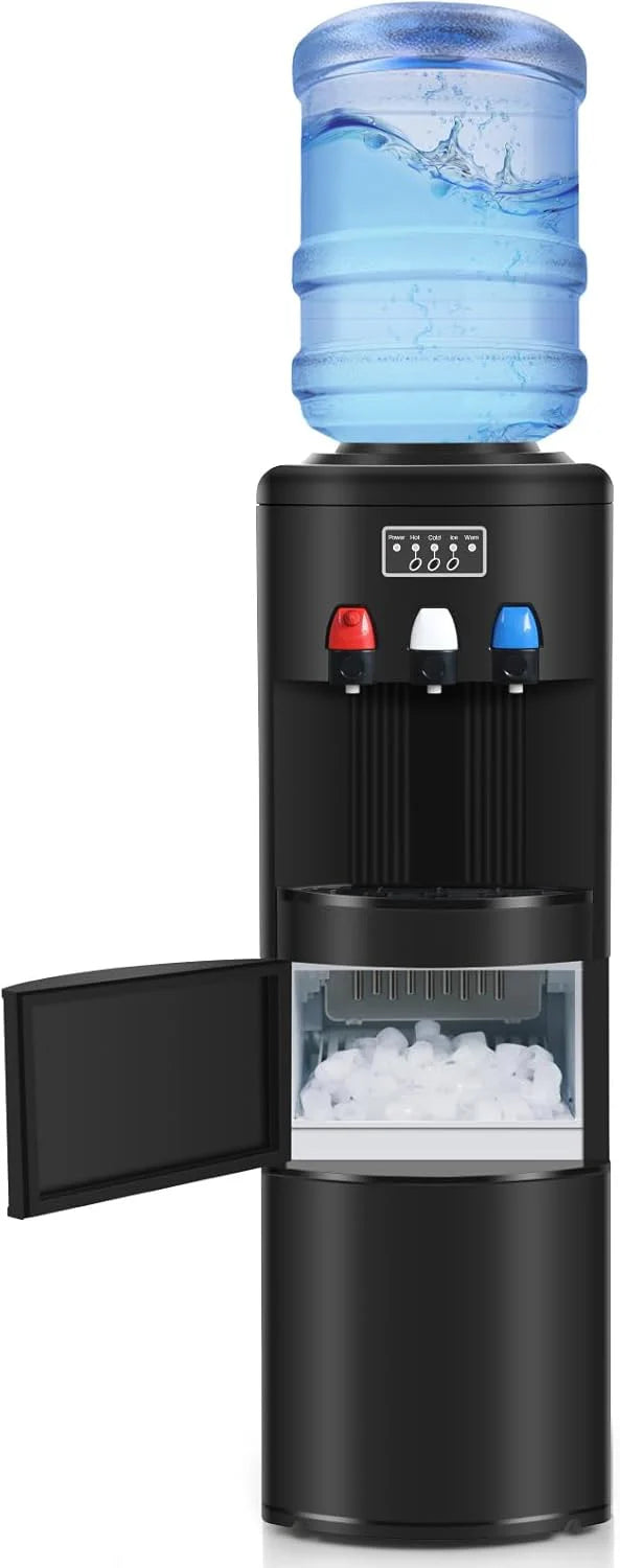 ZenVora 3-in-1 Hot & Cold Water Cooler with Built-in Ice Maker – Top Loading for 3-5 Gallon Bottles, Child Safety Lock, Black