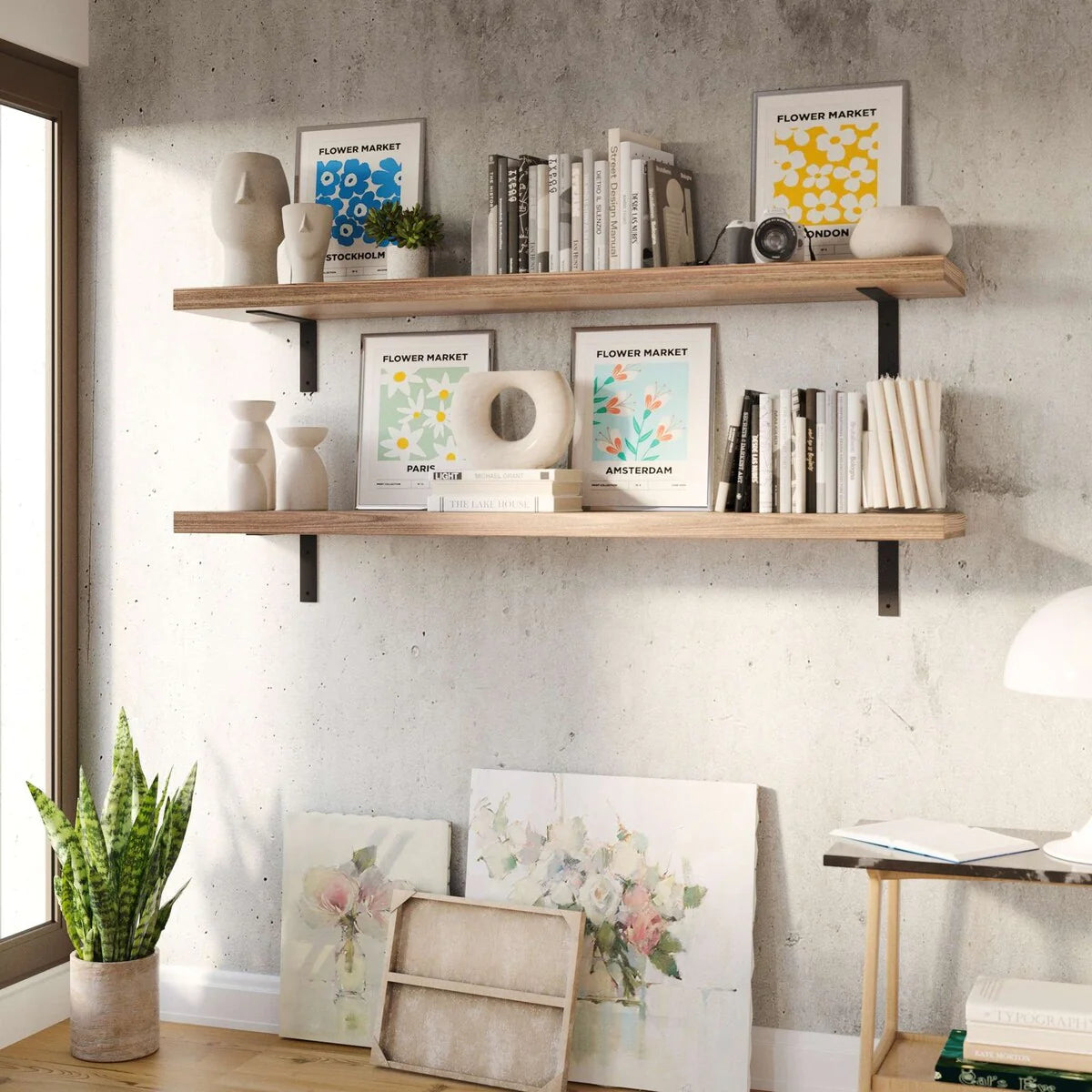 ZenVora 60 Inch Rustic Floating Wall Shelves, 2 Piece Burnt Wood Display and Storage Shelves