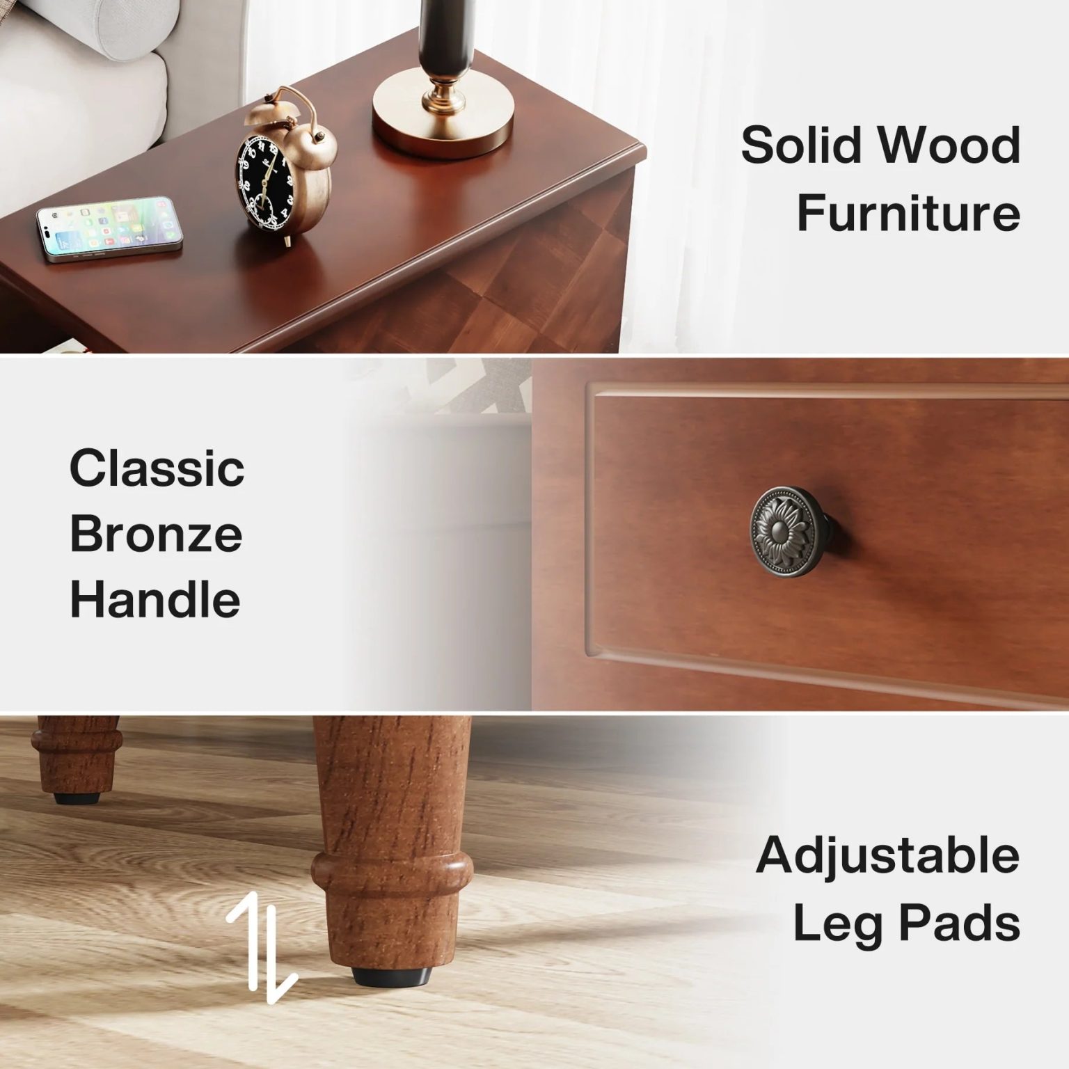 ZenVora Fully Assembled Narrow End Table, Solid Wood Side Table with 3 Drawers, Vintage Nightstand for Small Spaces