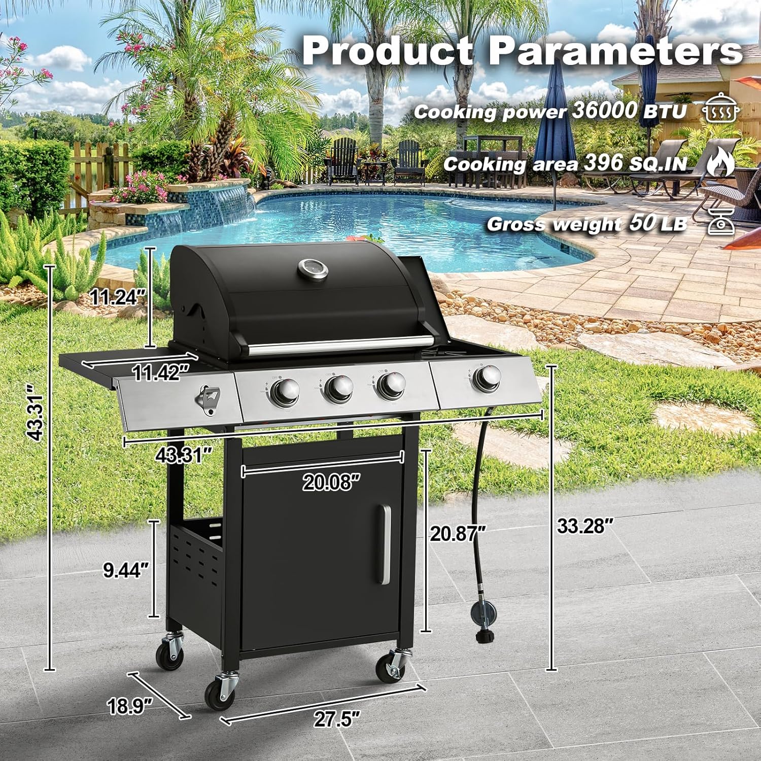 ZenVora 4-Burner Propane Gas Grill with Cast Iron Grates, Side Stove and 44,000 BTU Stainless Steel Burners