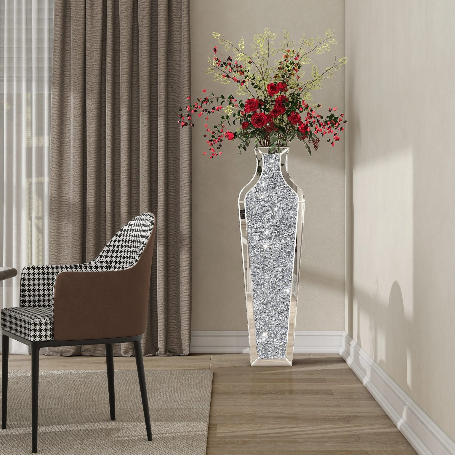 ZenVora Tall Crushed Diamond Floor Vase, Luxury Decorative Crystal Accent Vase for Living Room, Bedroom and Home Decor