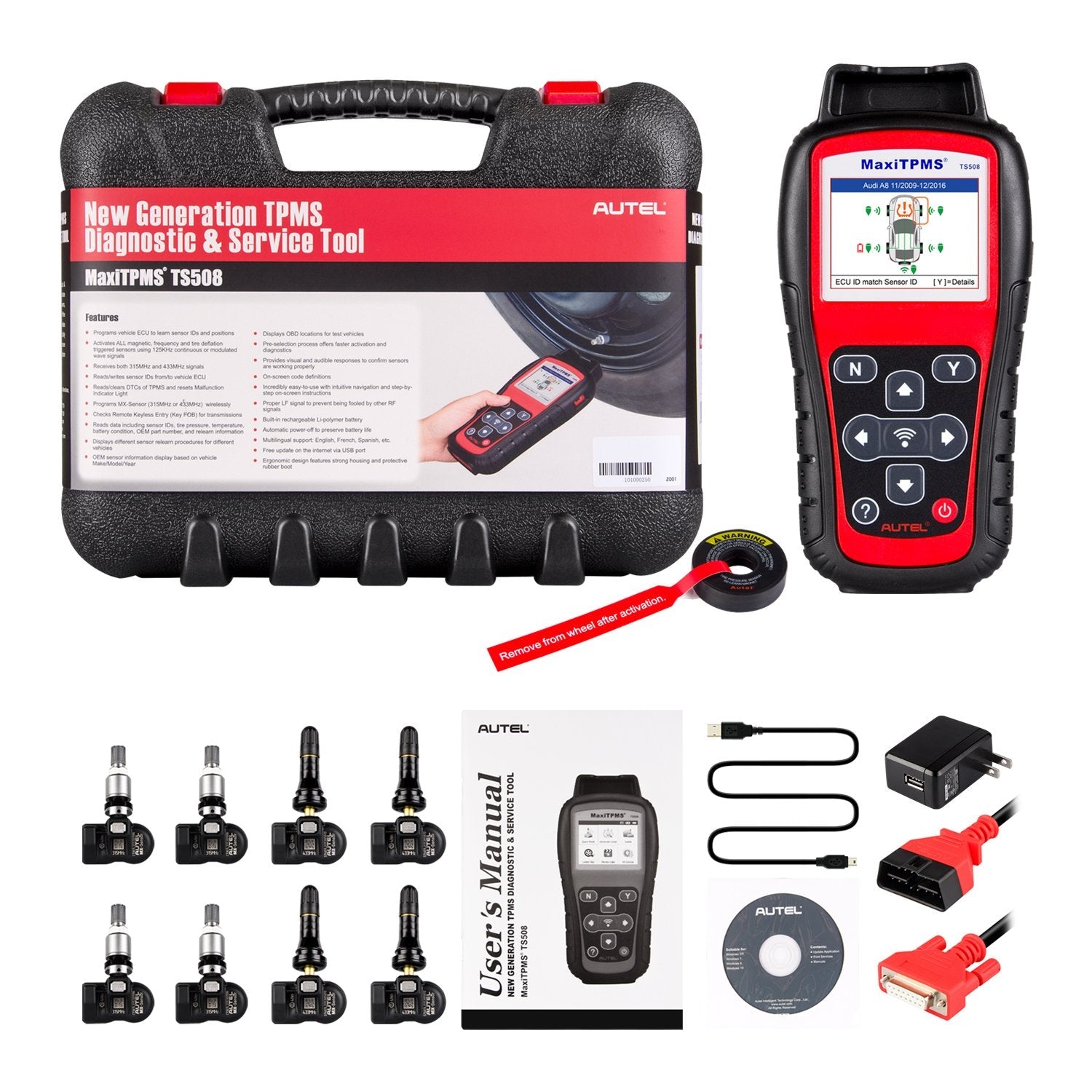 ZenVora TPMS Diagnostic Service Tool with Interchangeable Valves, 4-Piece 315MHz Sensors and 4-Piece 433MHz Sensors