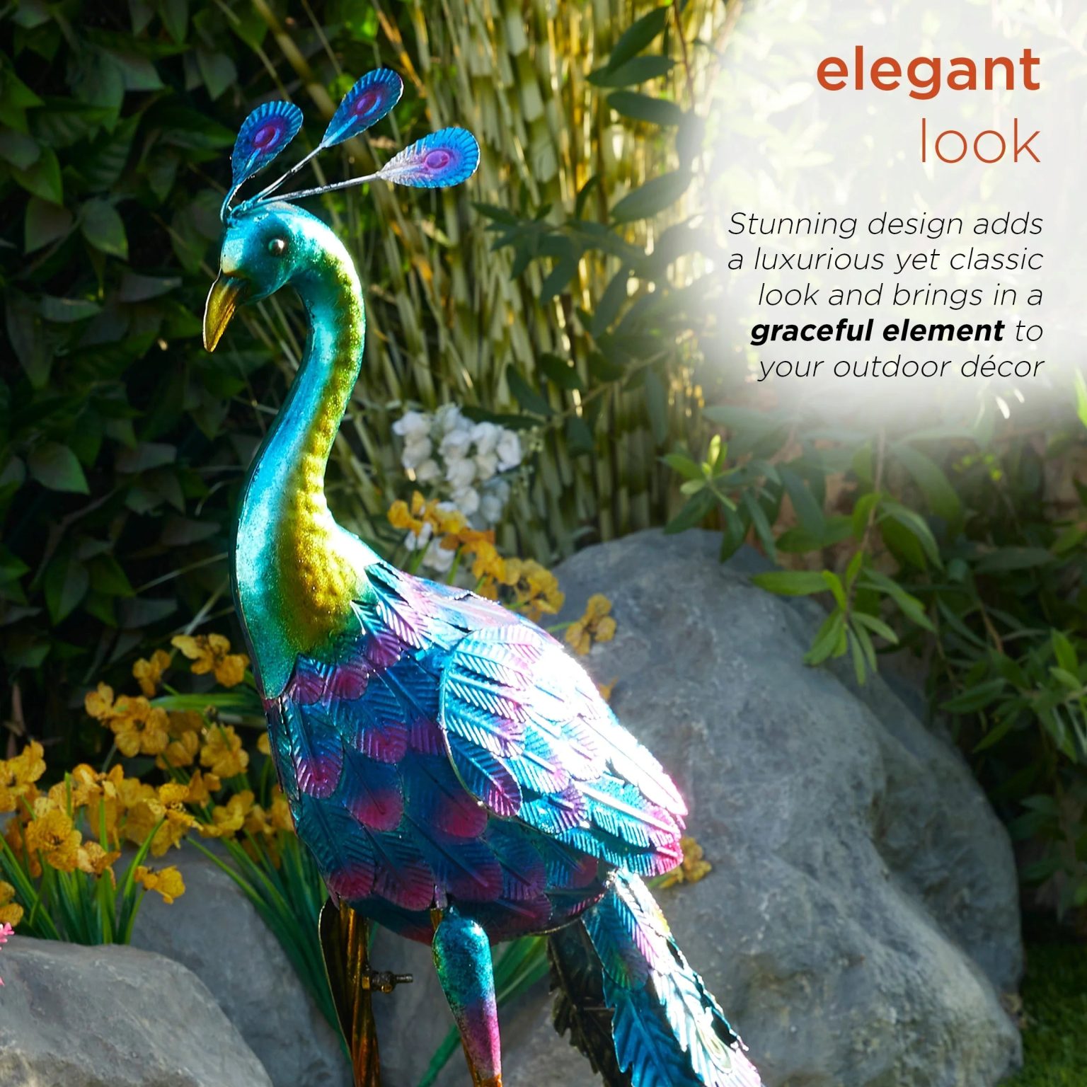 ZenVora Tall Metallic Peacock Garden Statue, Multicolor Outdoor Standing Bird Sculpture for Yard, Patio and Garden Decoration