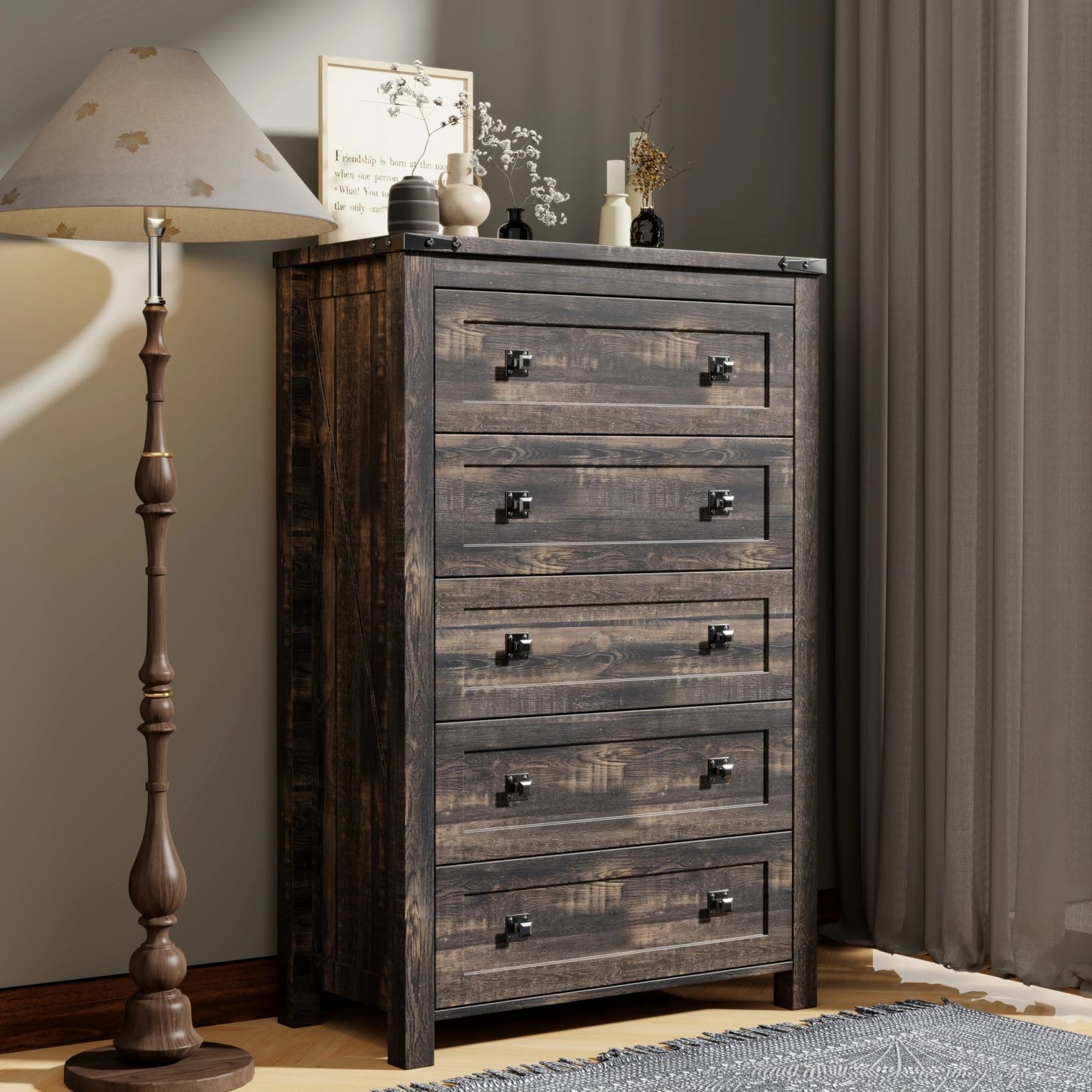 ZenVora 48 Inch Tall Farmhouse Wood Dresser, 5 Drawer Chest of Drawers for Bedroom