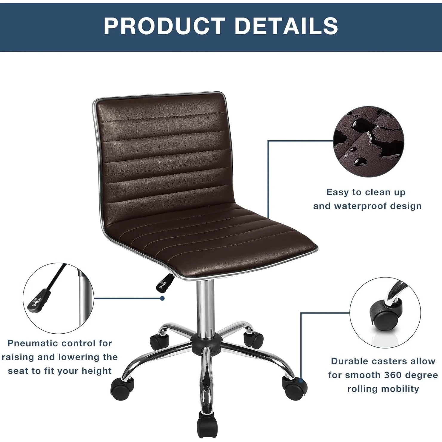 ZenVora Adjustable Mid-Back Armless Swivel Office Chair, Ribbed Task and Vanity Chair for Small Spaces