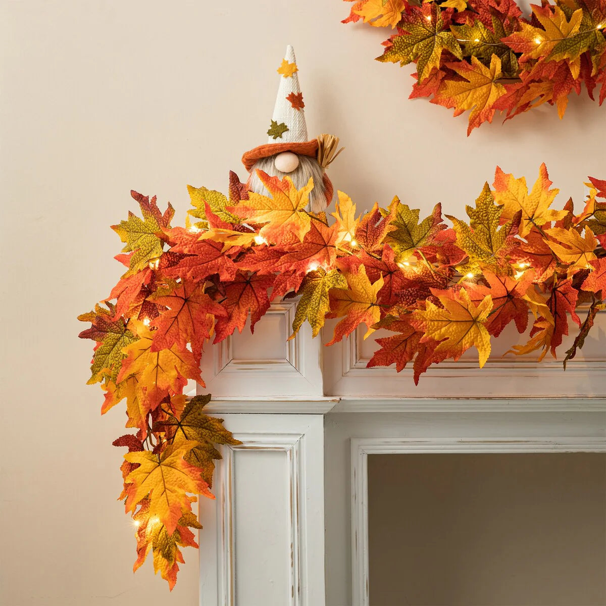 ZenVora Thanksgiving LED Lighted Fall Maple Leaf Wreath and Garland - Autumn Home Decor