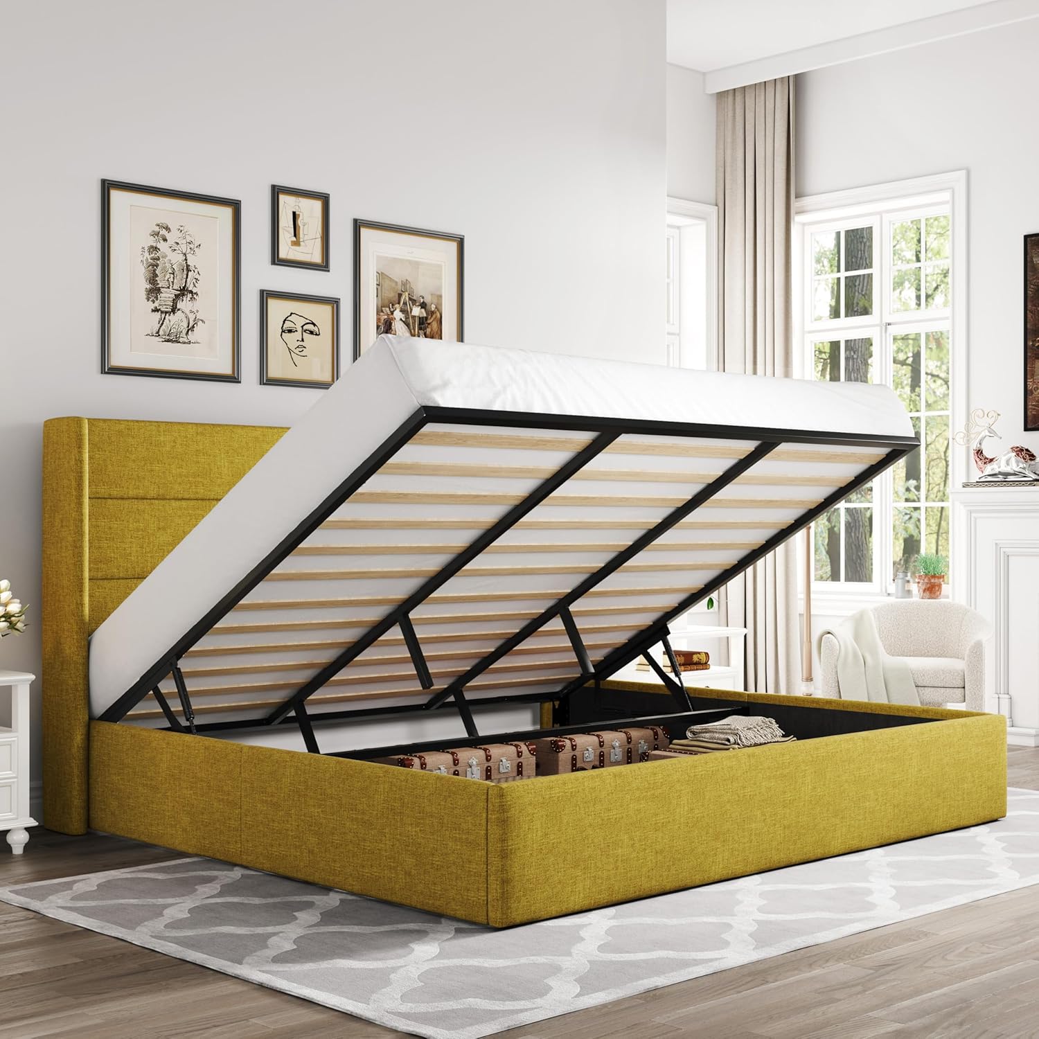 ZenVora Queen Size Lift Up Storage Bed with Wingback Headboard, Upholstered Platform Bed Frame with Hidden Storage