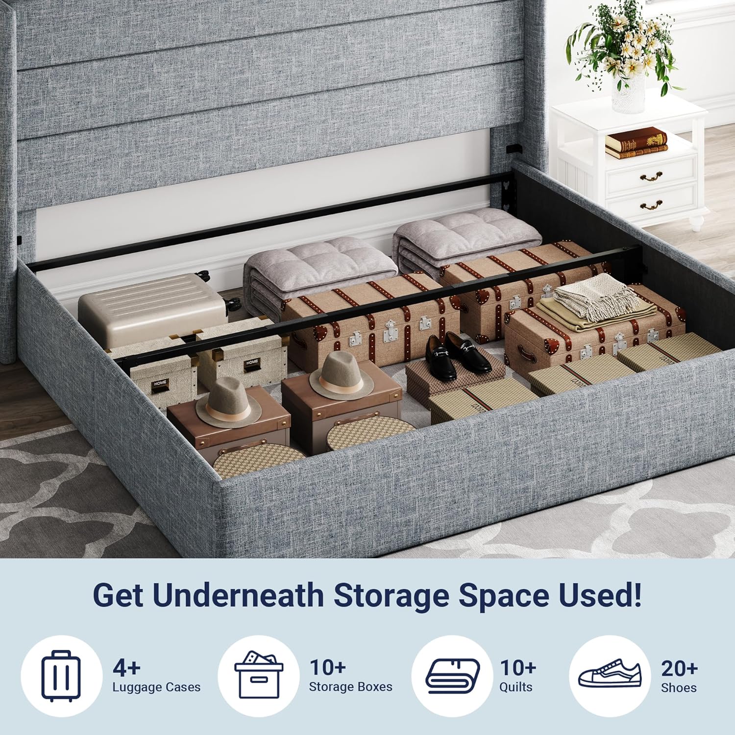 ZenVora Queen Size Lift Up Storage Bed with Wingback Headboard, Upholstered Platform Bed Frame with Hidden Storage