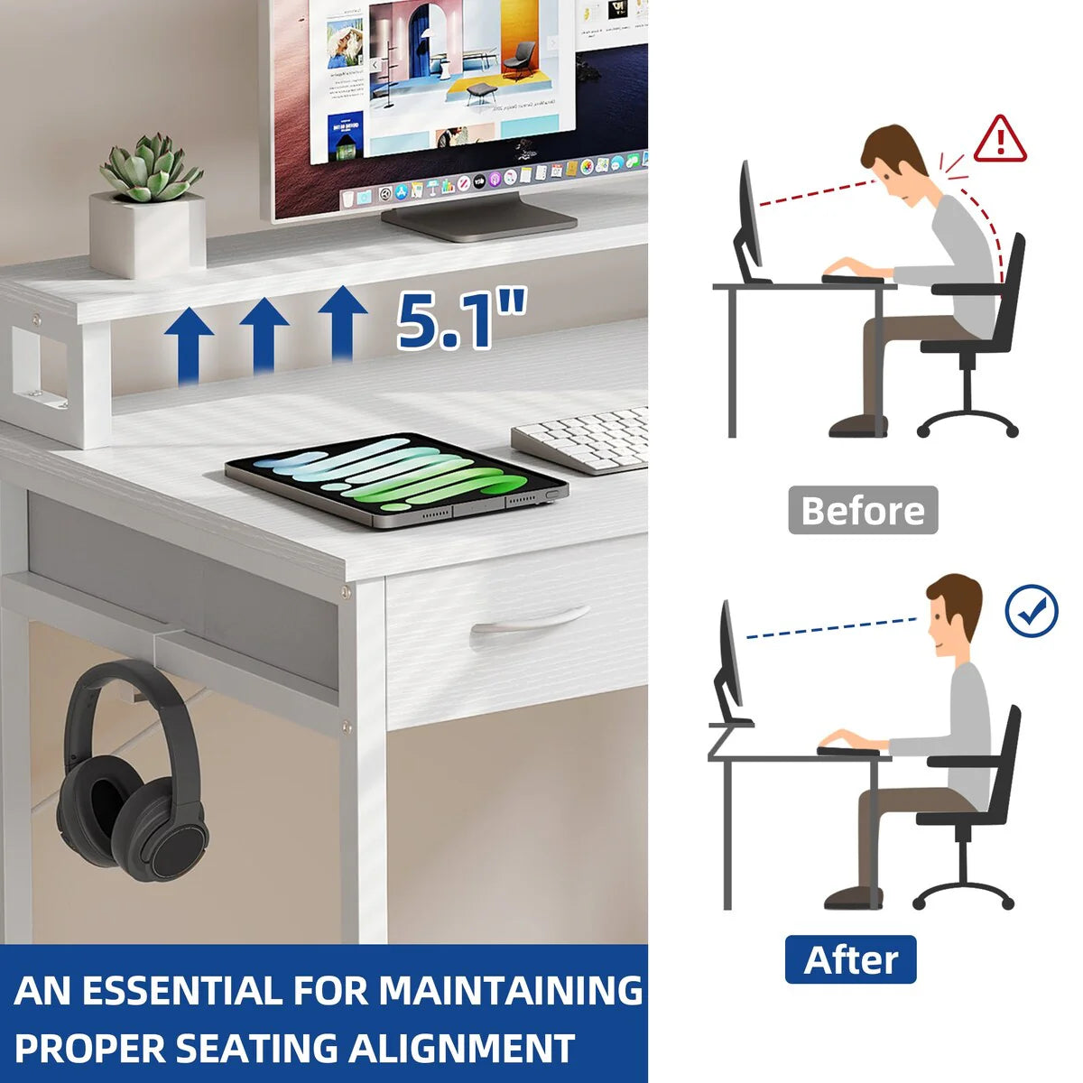 ZenVora Small Computer Desk with Fabric Drawers and Monitor Stand, Compact Home Office Workstation for Small Spaces