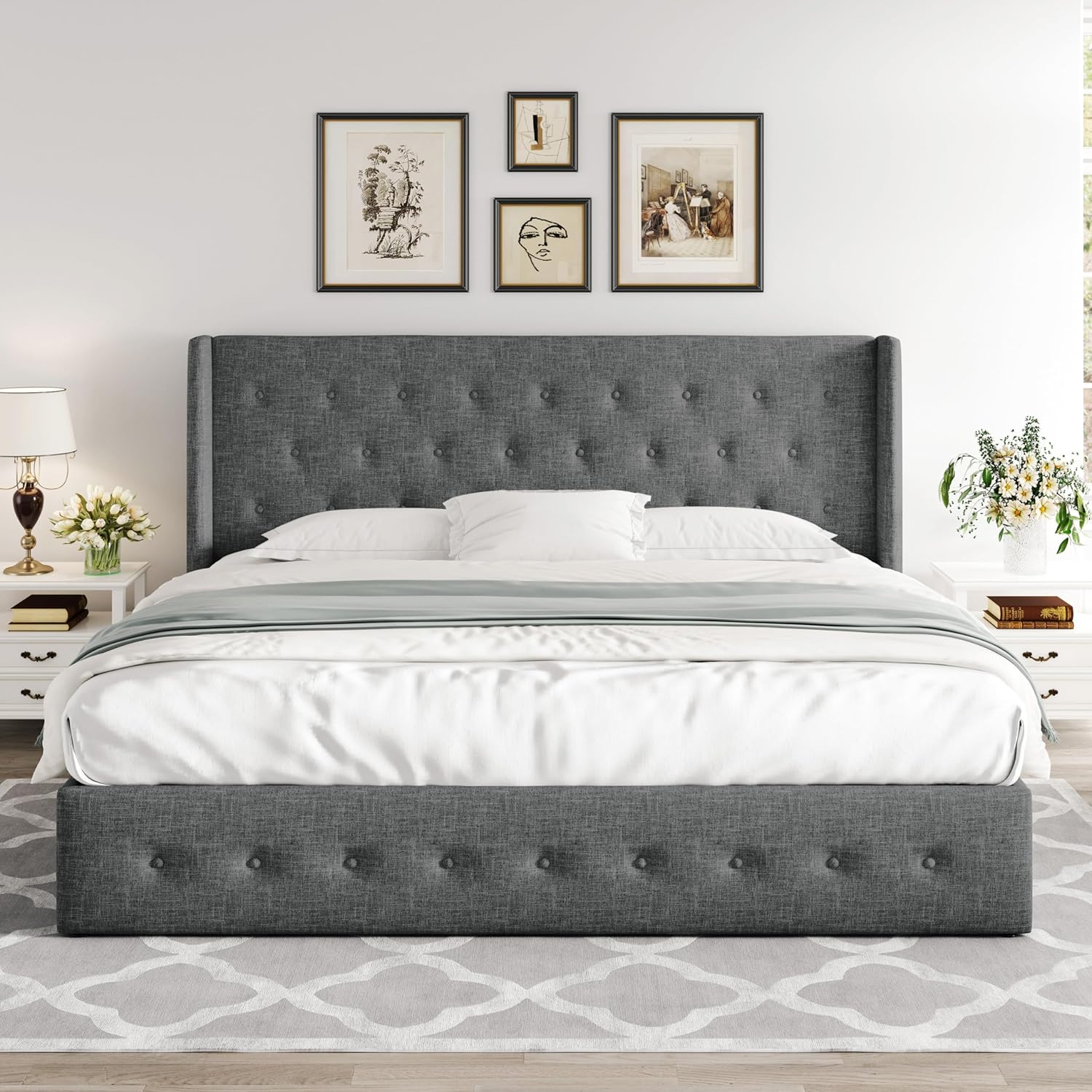 ZenVora Queen Size Lift Up Storage Bed with Wingback Headboard, Upholstered Platform Bed Frame with Hidden Storage
