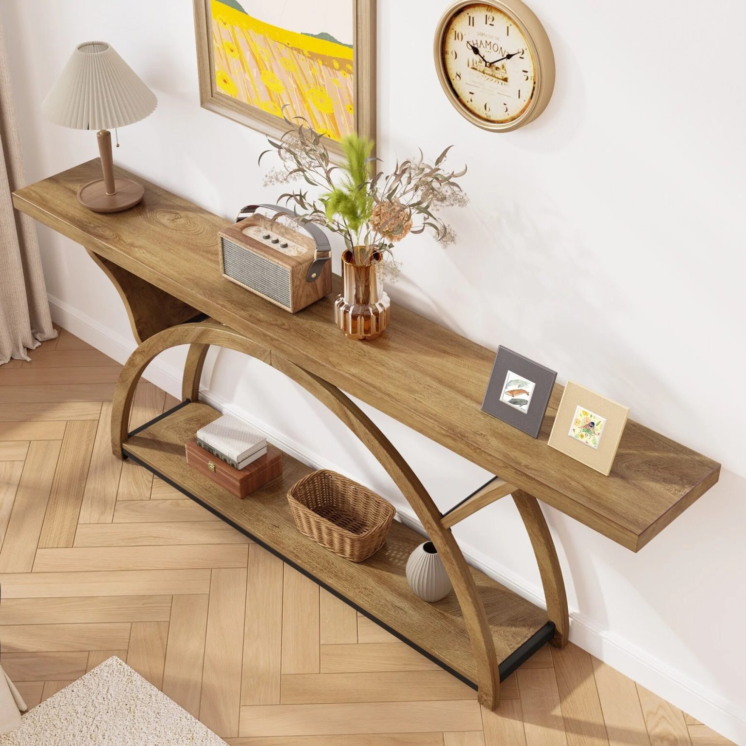 ZenVora Gray 2-Tier Slim Console Sofa Table, Semi-Circular Metal Frame for Hallway