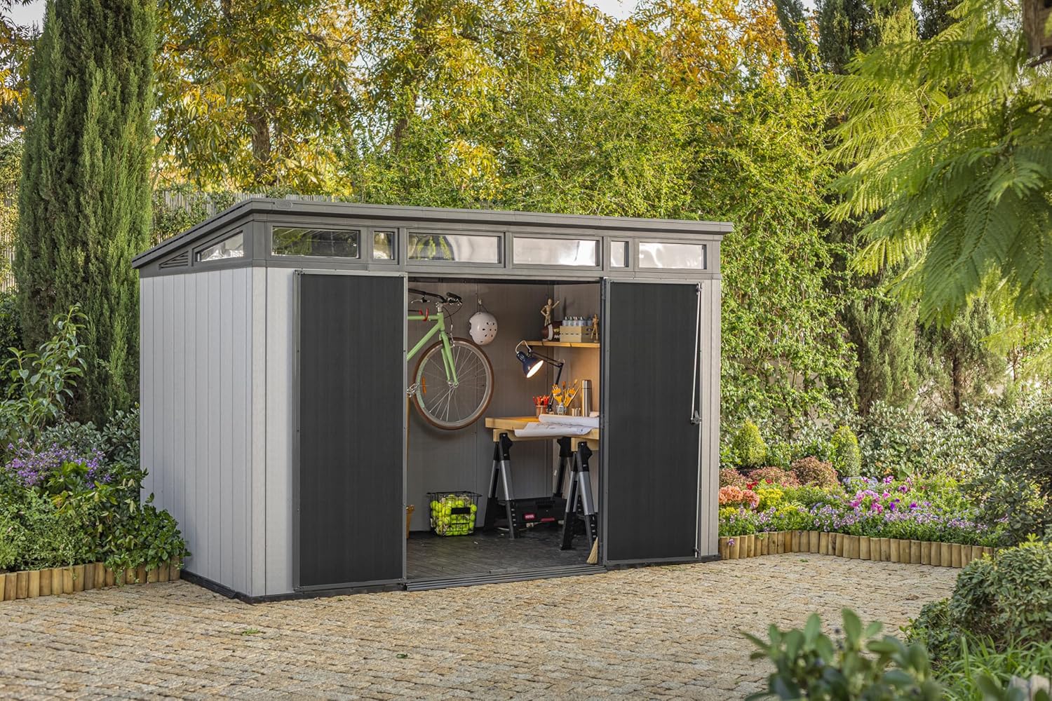 ZenVora 11 x 7 ft Resin Outdoor Storage Shed - Grey & Black Garden Shed Kit for Tools and Patio Storage