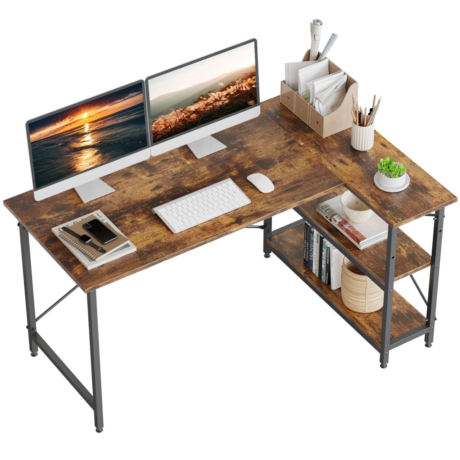 ZenVora Small L Shaped Computer Desk with Storage Shelves, Compact Corner Workstation for Home Office and Study