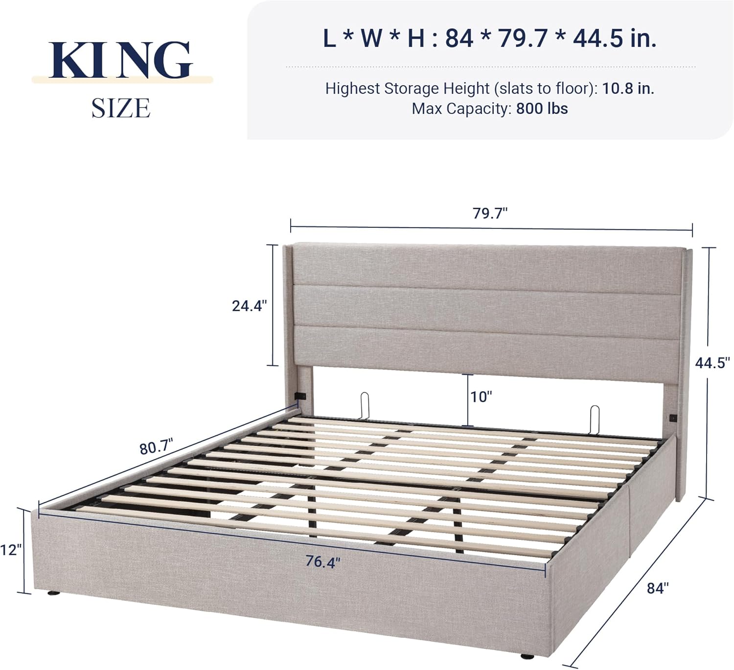 ZenVora Queen Size Lift Up Storage Bed with Wingback Headboard, Upholstered Platform Bed Frame with Hidden Storage