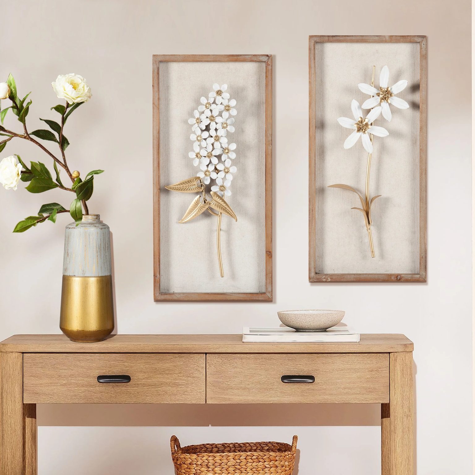 ZenVora Set of 2 White and Gold Metal Flower Wall Decor with Wood Frames, Decorative Floral Wall Art