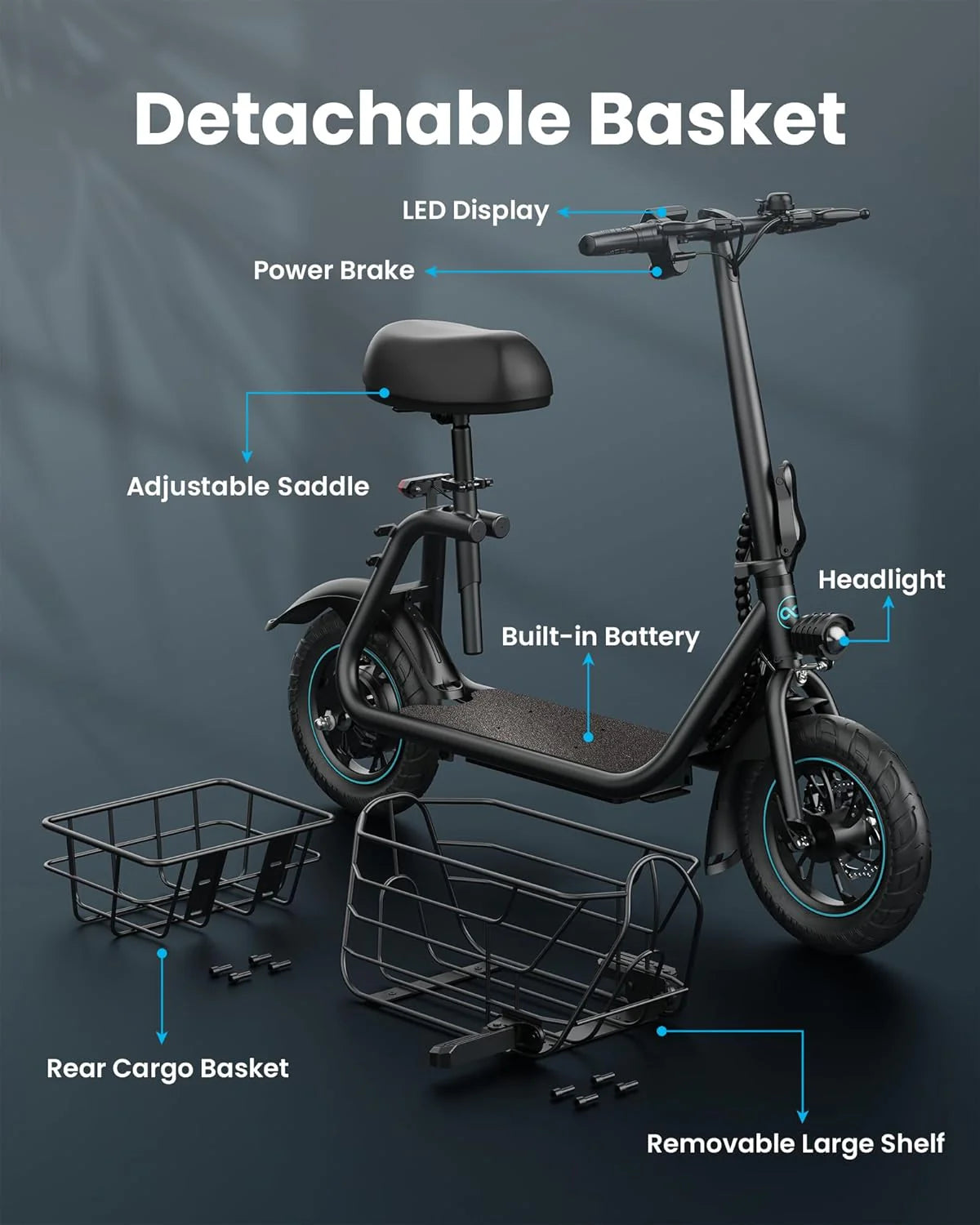 ZenVora Adults Electric Scooter with Large Middle Basket