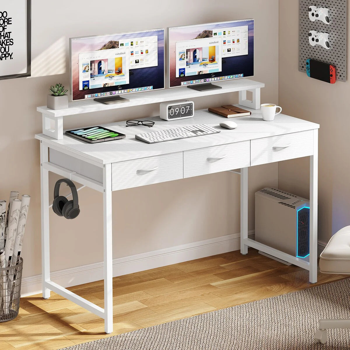 ZenVora Small Computer Desk with Fabric Drawers and Monitor Stand, Compact Home Office Workstation for Small Spaces