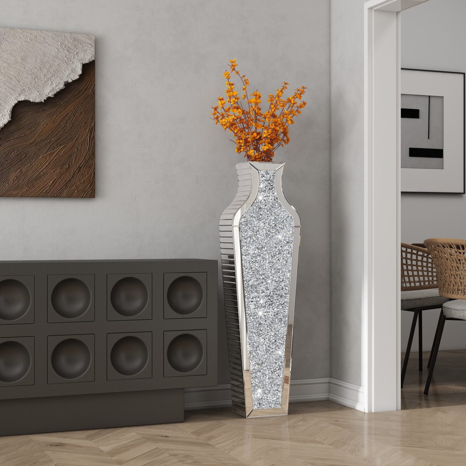 ZenVora Tall Crushed Diamond Floor Vase, Luxury Decorative Crystal Accent Vase for Living Room, Bedroom and Home Decor