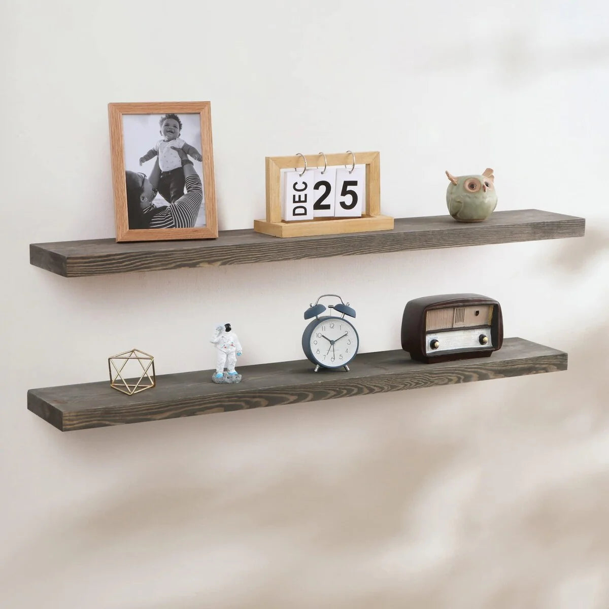 ZenVora Set of 2 Handcrafted European Pine Floating Wall Shelves, Natural Rustic Wood