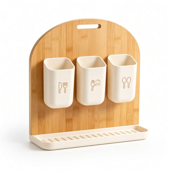 ZenVora Bamboo Utensil Caddy with 3 Detachable Cups & Drain Tray