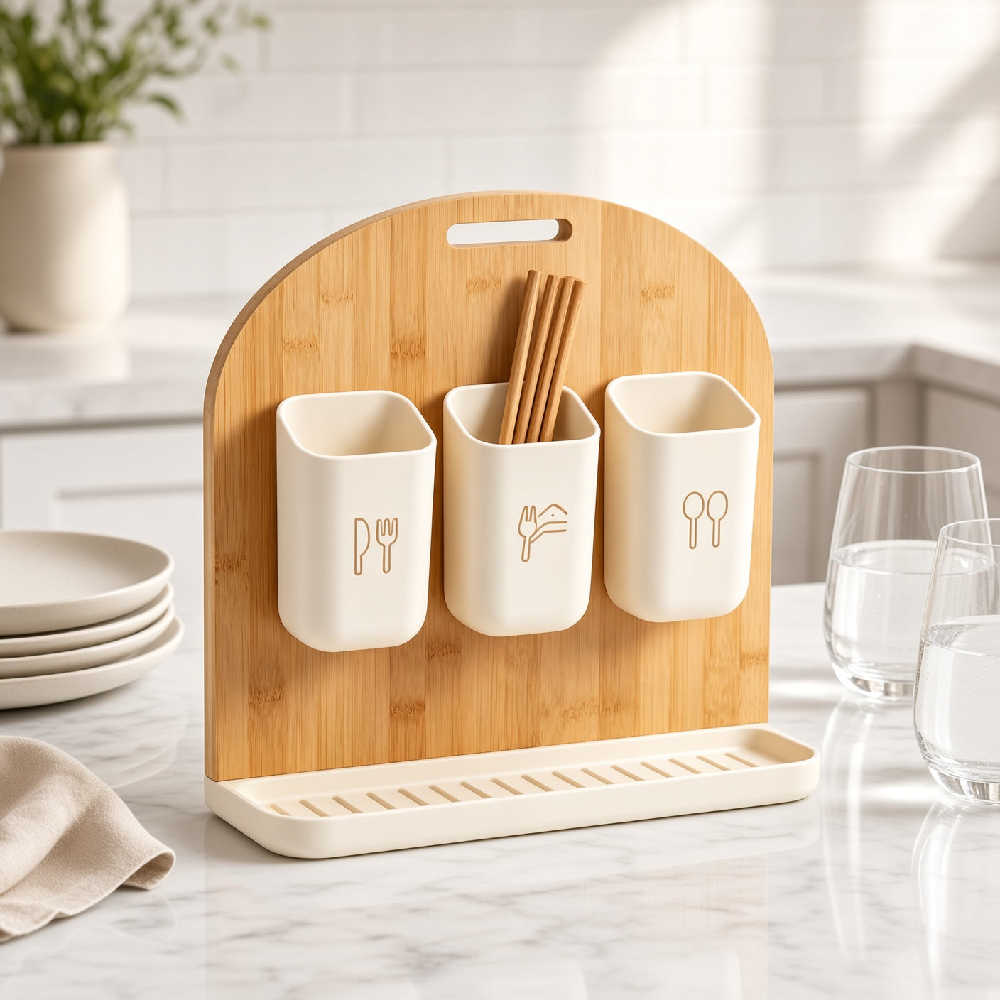ZenVora Bamboo Utensil Caddy with 3 Detachable Cups & Drain Tray