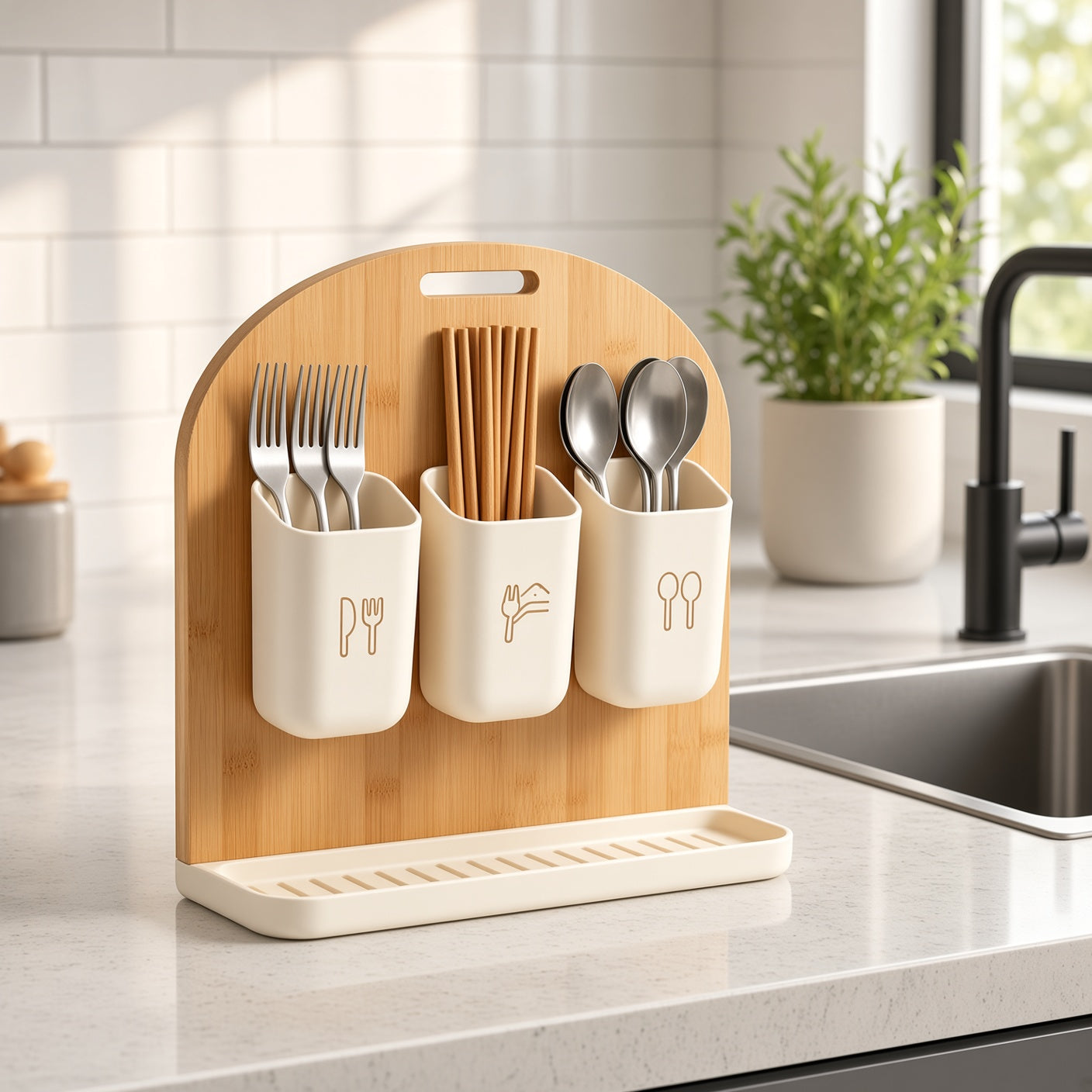 ZenVora Bamboo Utensil Caddy with 3 Detachable Cups & Drain Tray