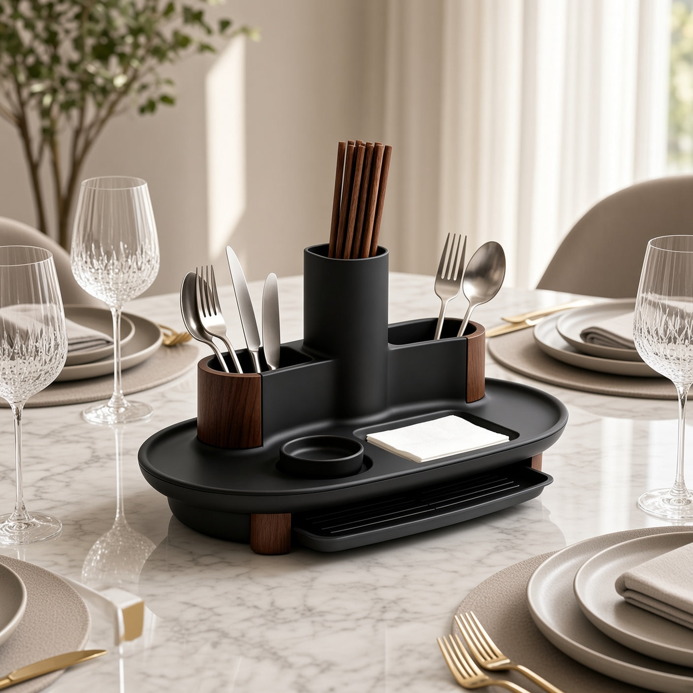 ZenVora Multi-Compartment Utensil Caddy with Drain Drawer