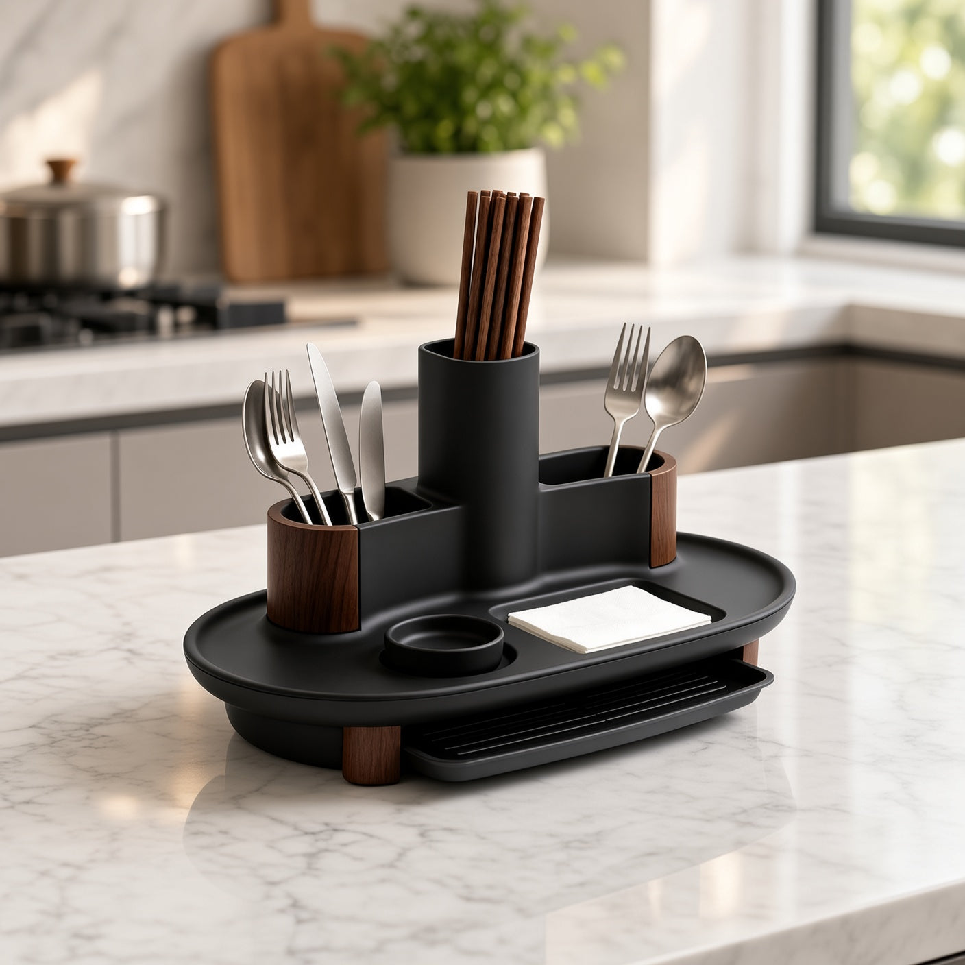 ZenVora Multi-Compartment Utensil Caddy with Drain Drawer