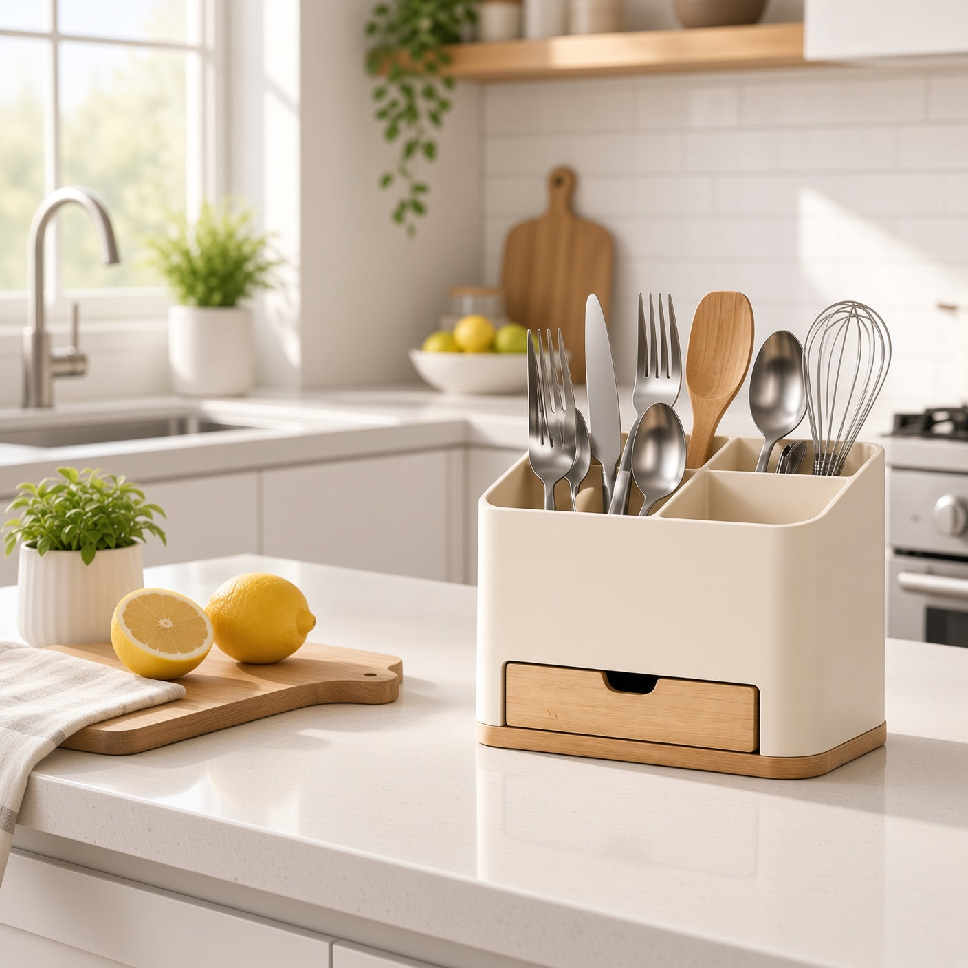 ZenVora 2-Compartment Silverware Holder with Bamboo Drain Drawer