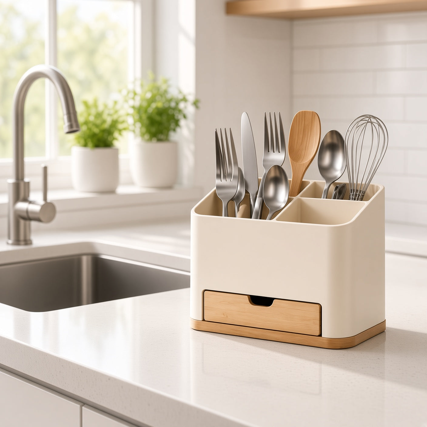 ZenVora 2-Compartment Silverware Holder with Bamboo Drain Drawer